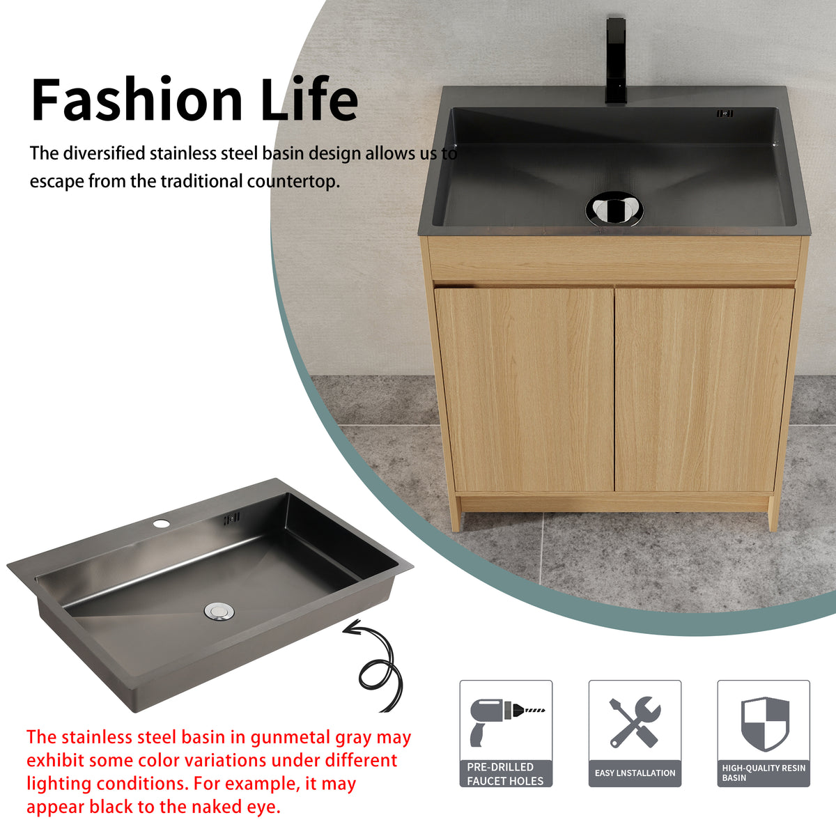 RAINLEX 28" Freestanding Bathroom Vanity with Stainless Steel Sink in Oak
