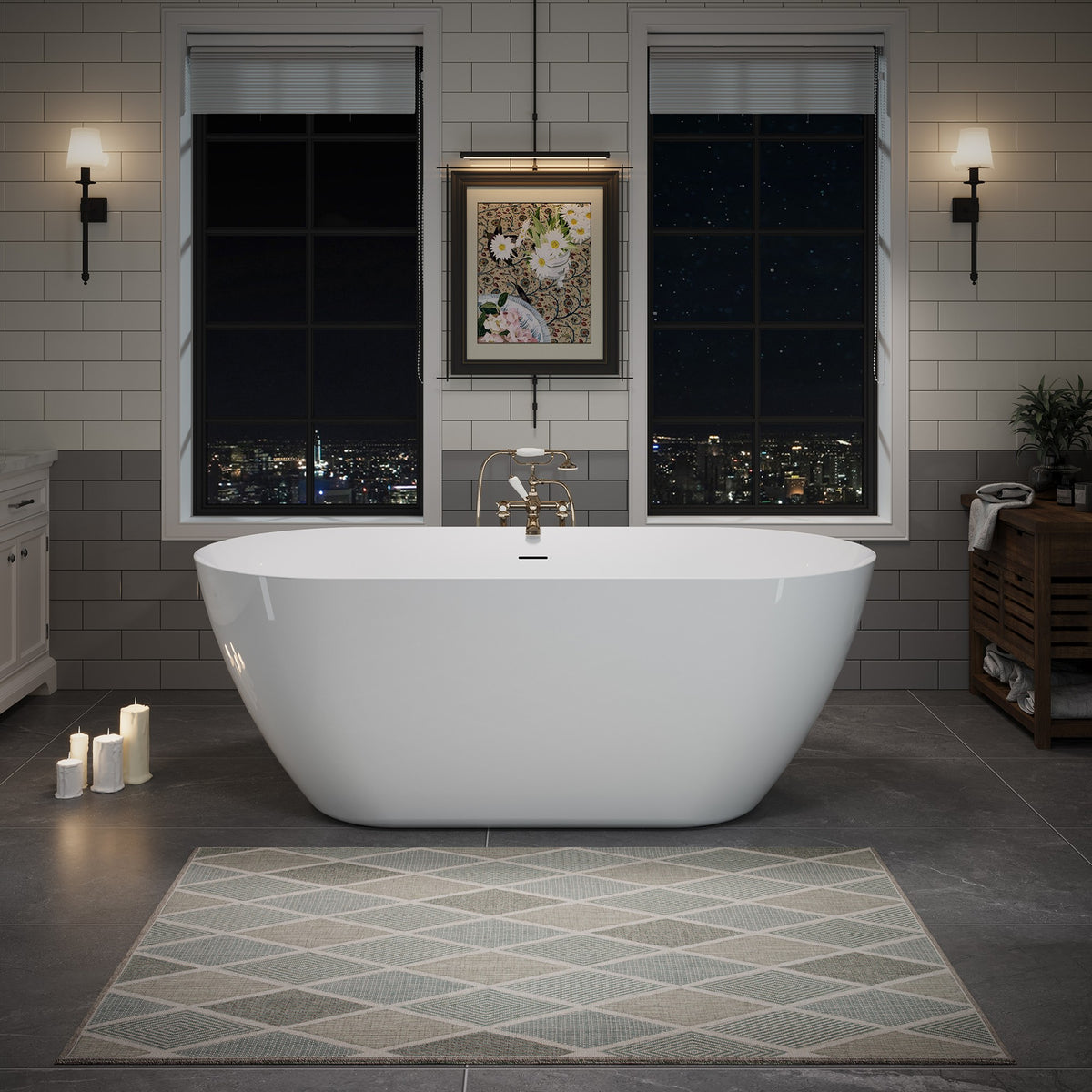 60" Acrylic Freestanding Bathtub, Oval Deep Soaking Contemporary Stand Alone Bath Tub with Pop-up Drain & Integrated Overflow, Brushed Nickel-Finish Drain Cover