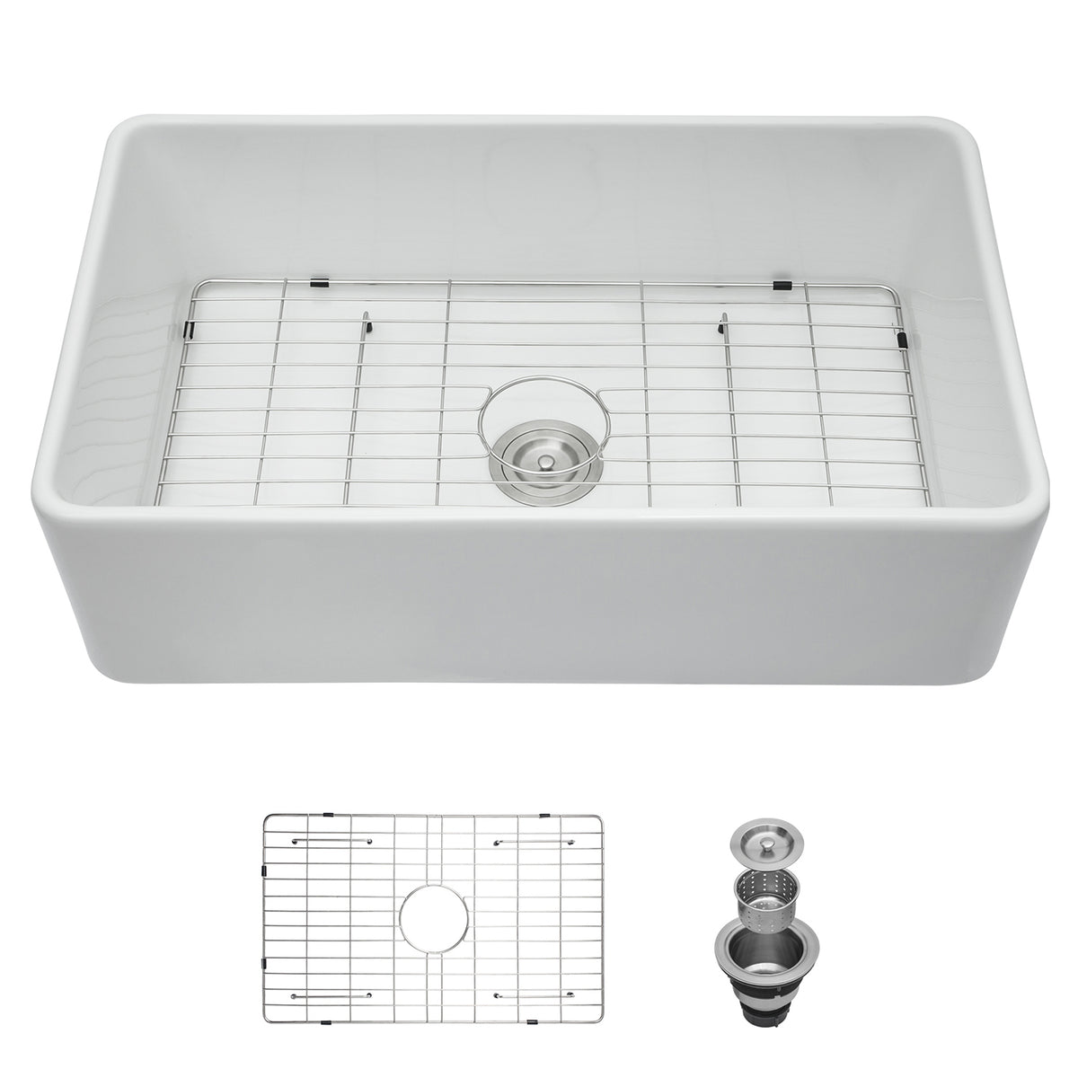 White Ceramic Porcelain Farmhouse Kitchen Sink, 9 in. Deep Single Bowl Apron Front Sink with 304 Stainless Steel Grid