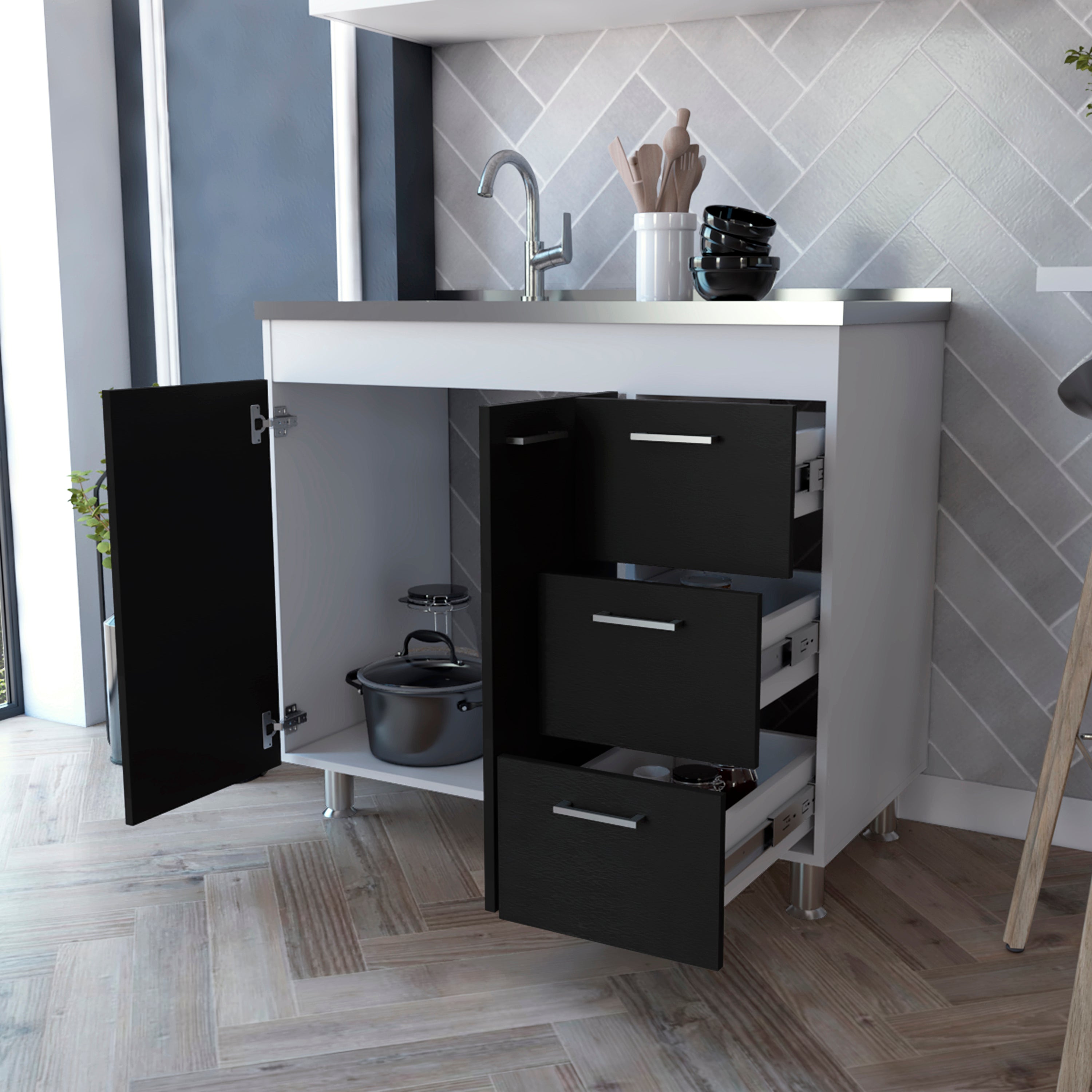Rainlex 39" Freestanding Utility Sink Cabinet with Stainless Steel Countertop, Double Utility Basins, Soft-Close Storage Doors — White Laundry & Kitchen Workstation