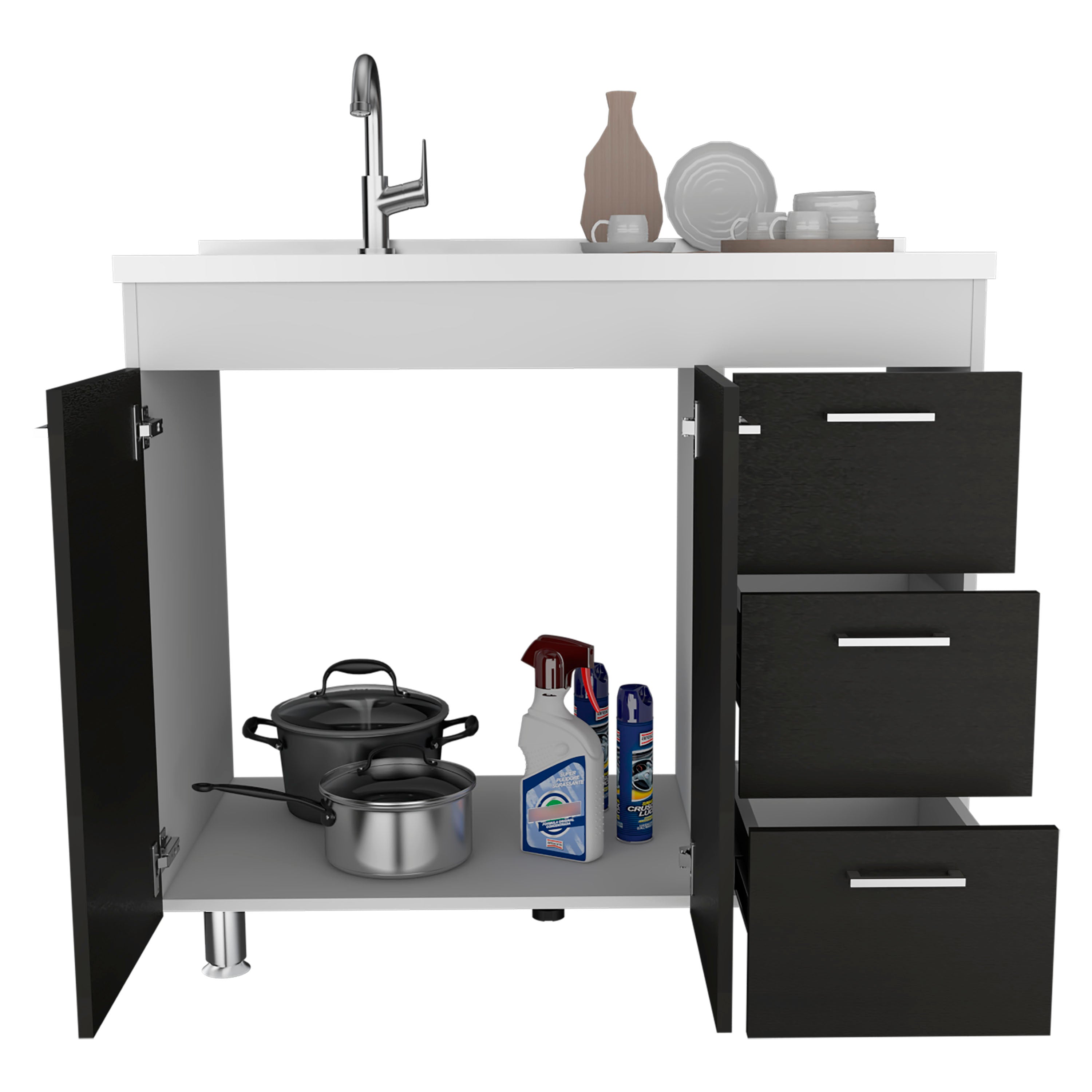 Rainlex 39" Freestanding Utility Sink Cabinet with Stainless Steel Countertop, Double Utility Basins, Soft-Close Storage Doors — White Laundry & Kitchen Workstation