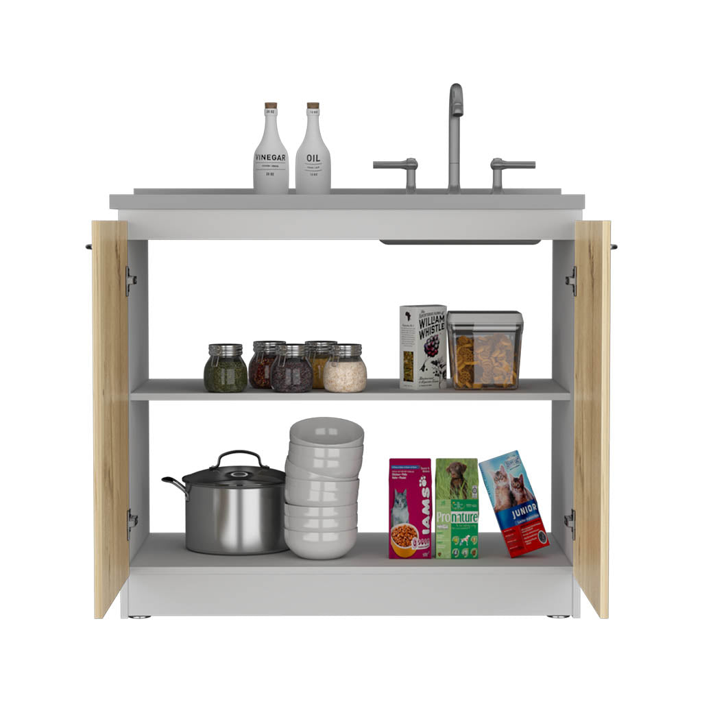 Rainlex Napoles 39" Utility Sink Cabinet with Stainless Steel Basin, White & Light Oak