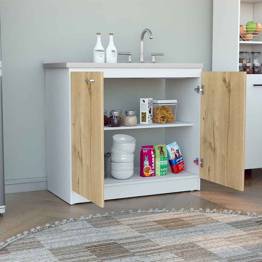 Rainlex Napoles 39" Utility Sink Cabinet with Stainless Steel Basin, White & Light Oak