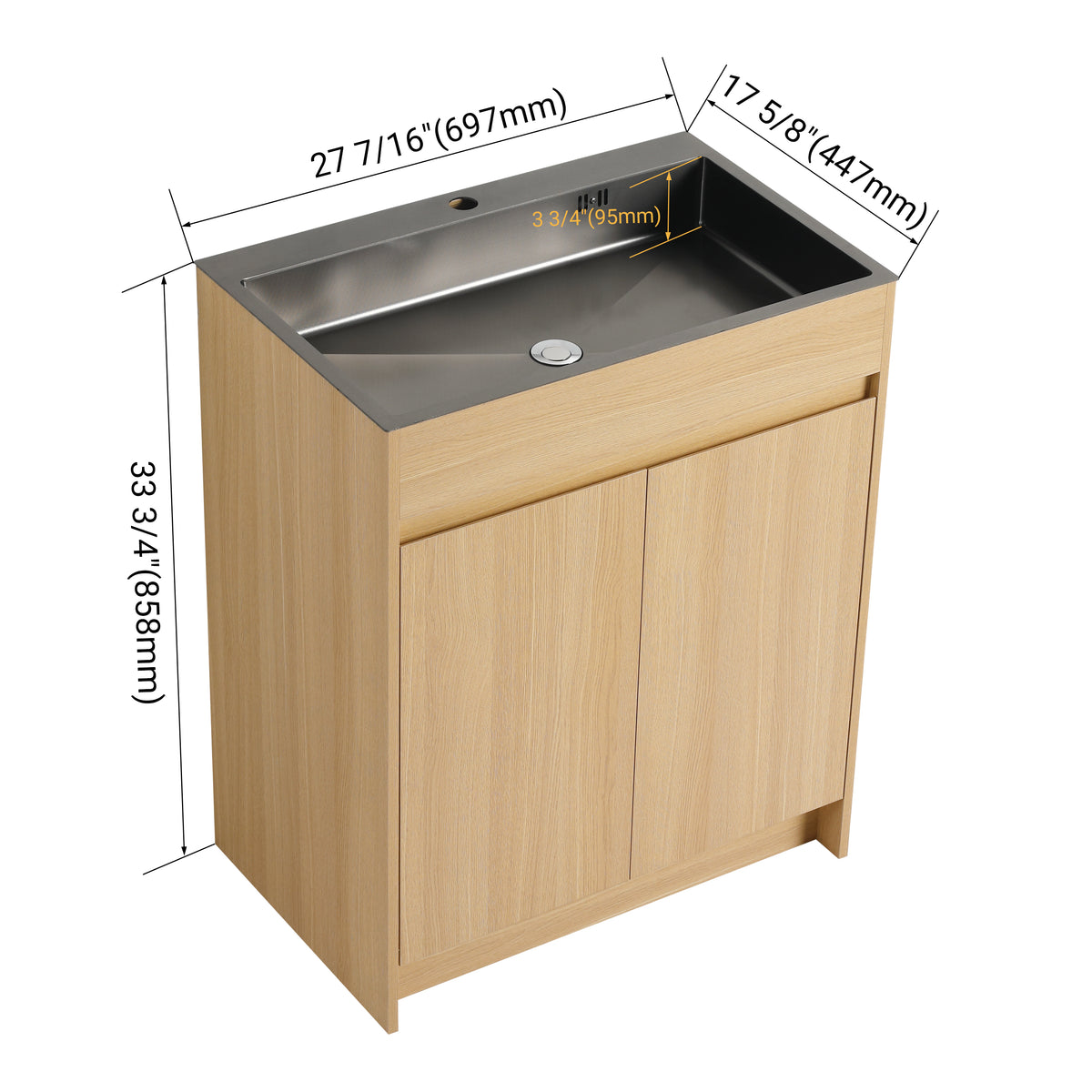 RAINLEX 28" Freestanding Bathroom Vanity with Stainless Steel Sink in Oak