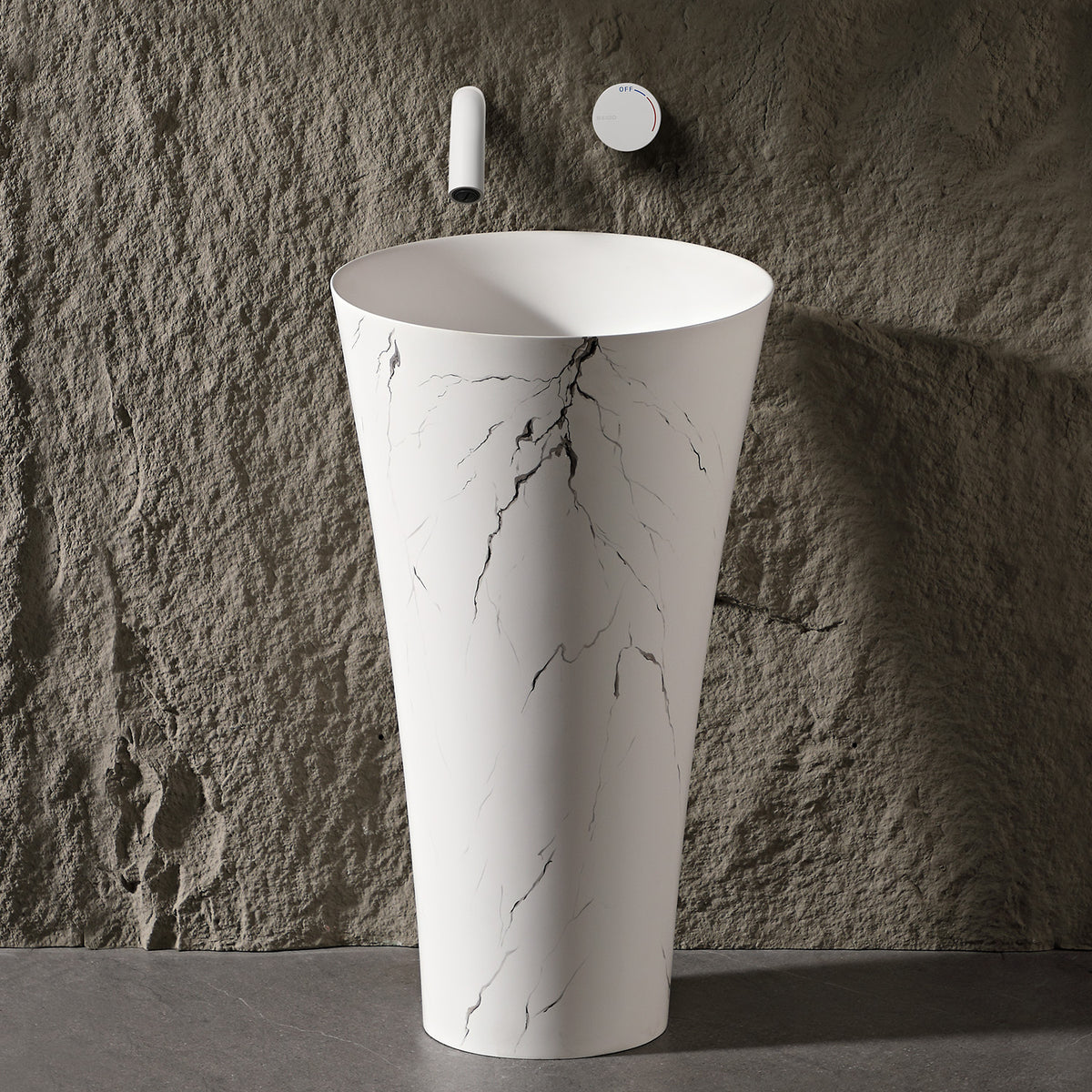 19.7 in. Freestanding Solid Surface Pedestal Bathroom Sink, Matte White with Charcoal Veining
