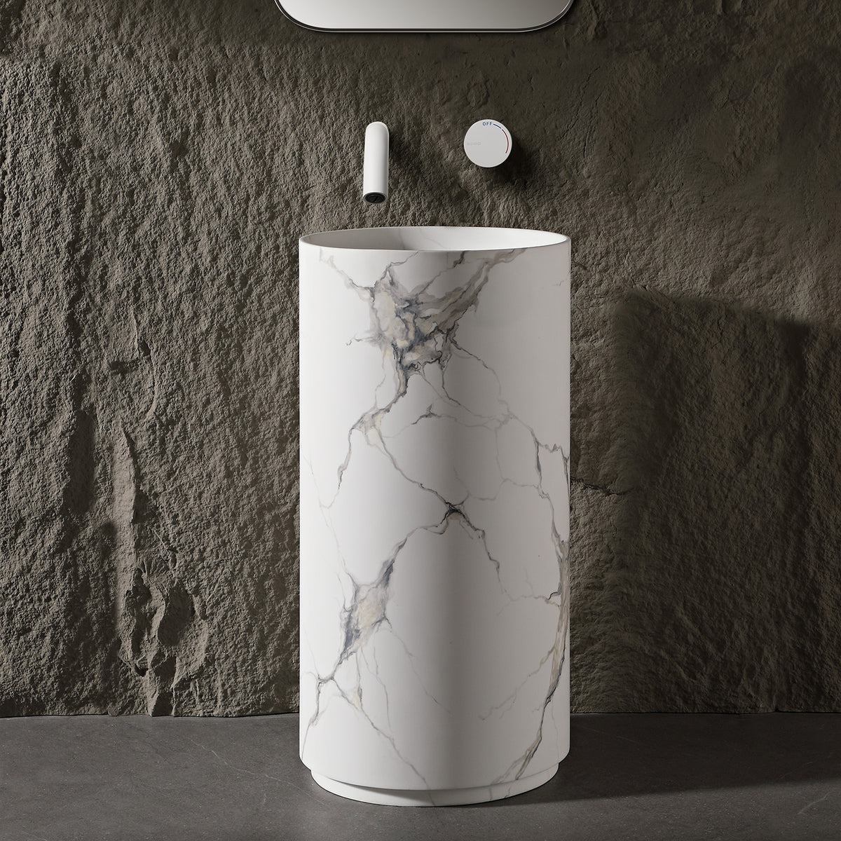 17.7 in. Freestanding Solid Surface Pedestal Bathroom Sink, Calacatta White with Charcoal & Gold Veining