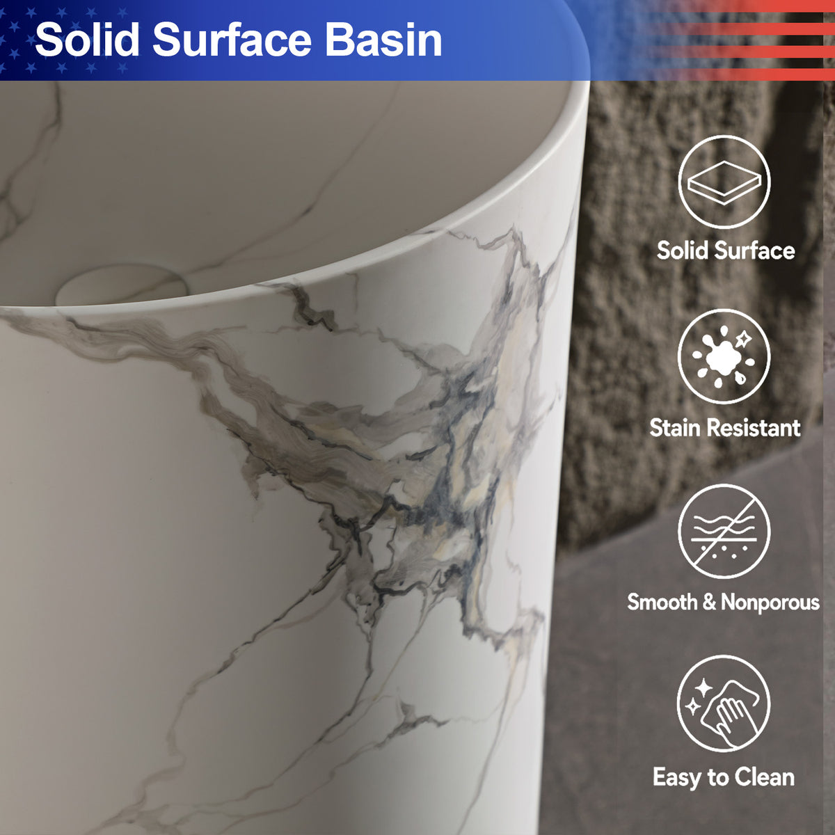17.7 in. Freestanding Solid Surface Pedestal Bathroom Sink, Calacatta White with Charcoal & Gold Veining