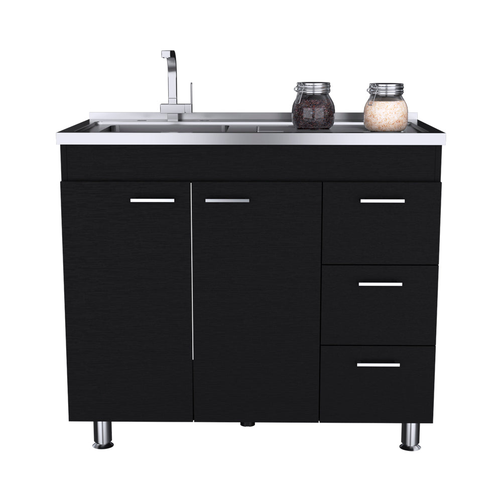 Rainlex 39.3 in. x 20.6 in. Black Freestanding Utility Sink with Cabinet, 3 Drawers, Double Door Storage & Faucet Hole for Kitchen Laundry Room
