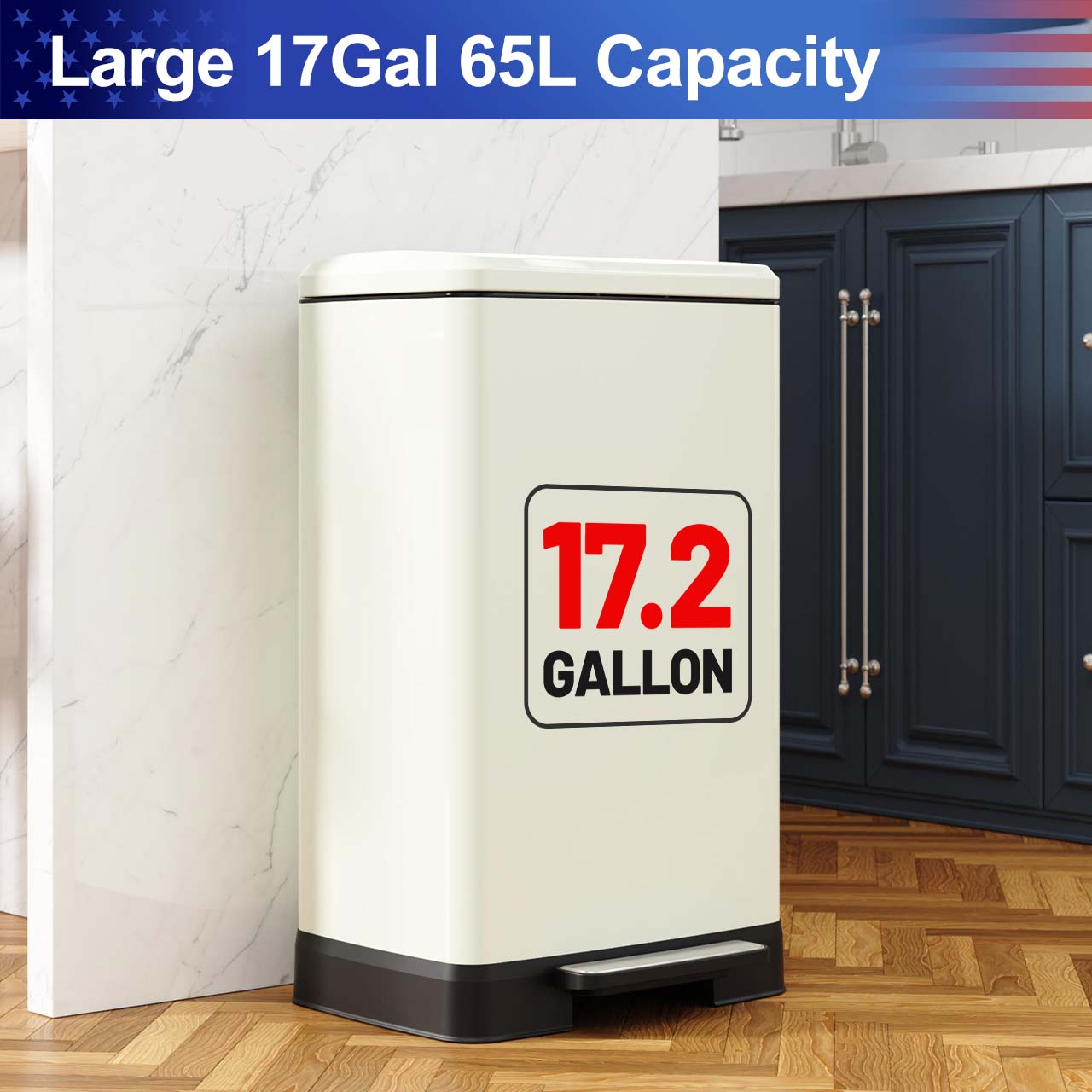 17 Gal. Stainless Steel Step Trash Can with Soft-Close Lid, Removable Inner Bucket, Detachable Wheels and Odor Control Slot RX-TB01-17