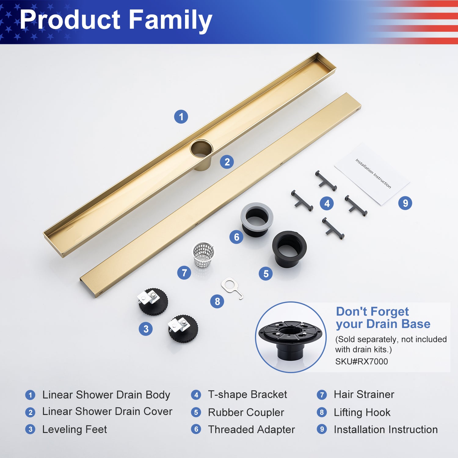 Drain de douche à grille linéaire de 32 po de largeur RX7001-32