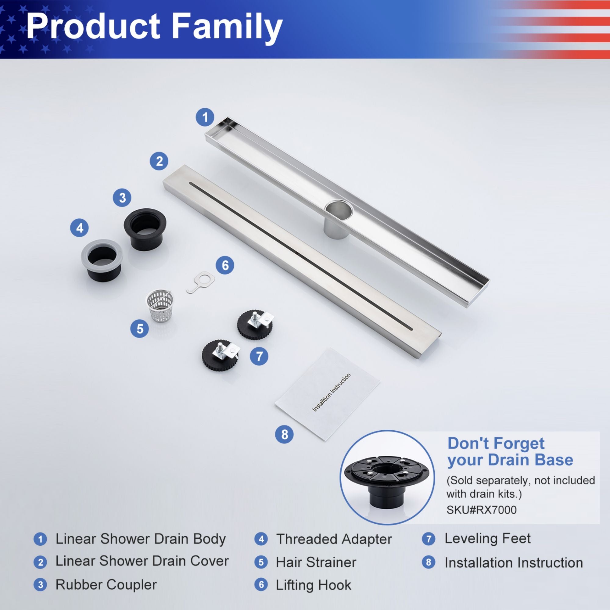 24" Linear Grid Shower Drain, Matte Black