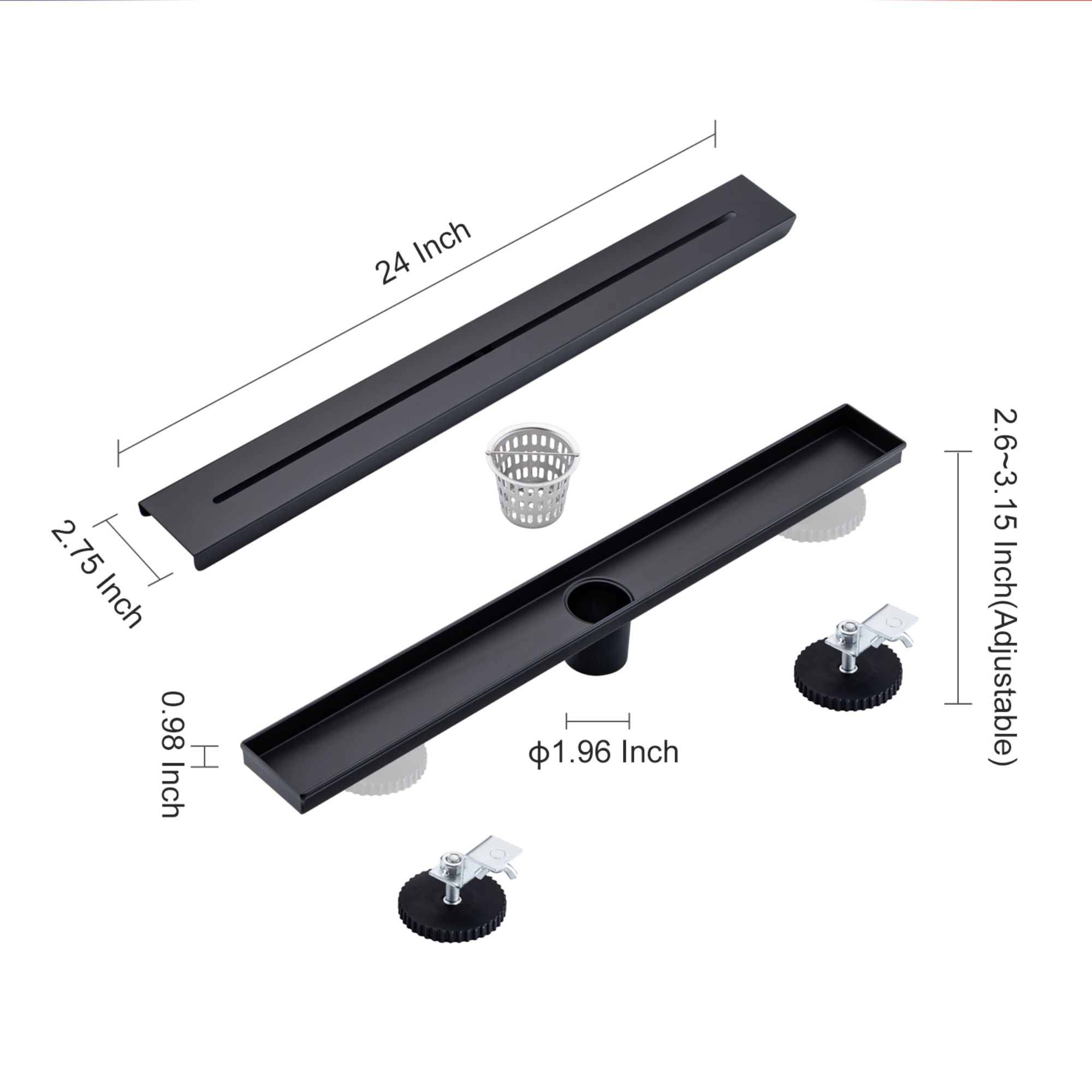 24" Linear Grid Shower Drain, Matte Black