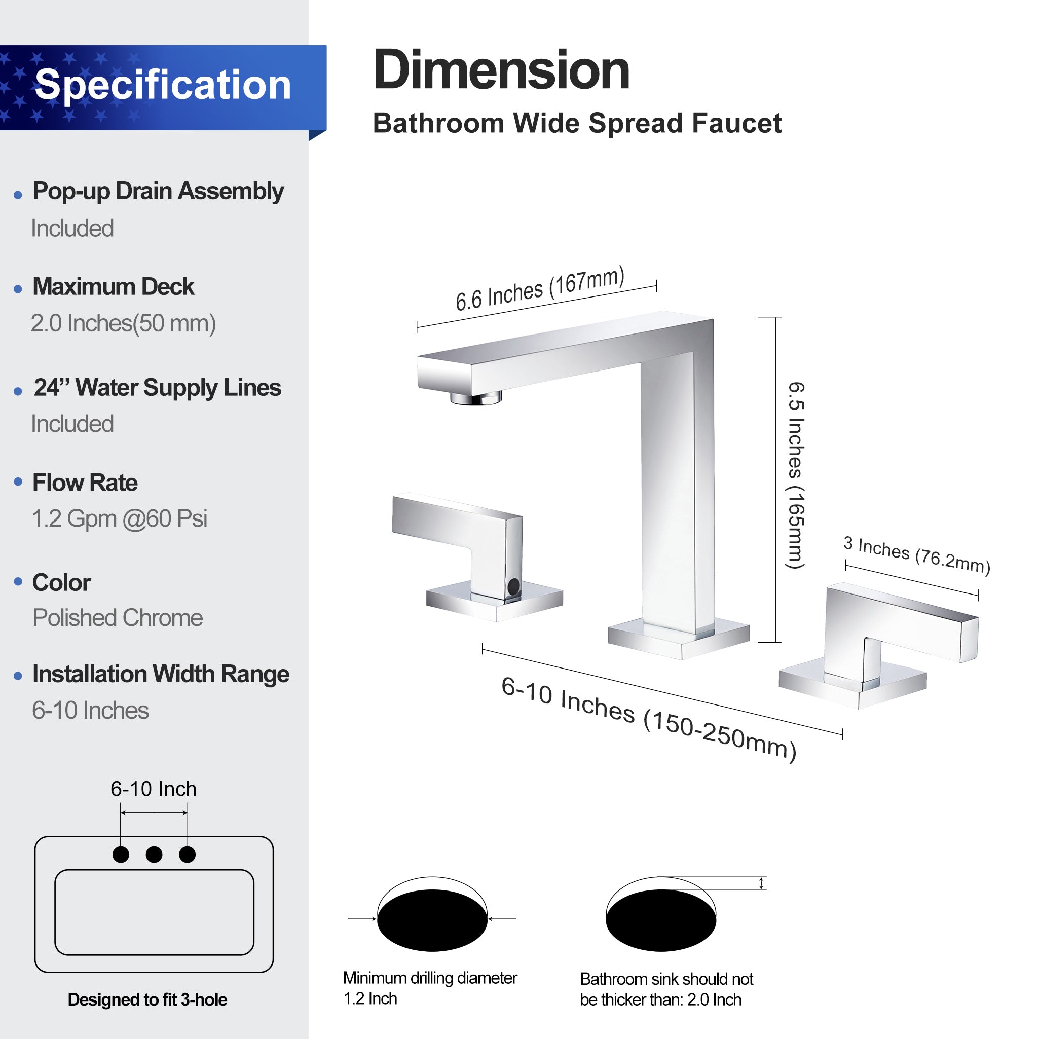 2-Handle Widespread Bathroom Faucet with Drain Assembly (S83006)