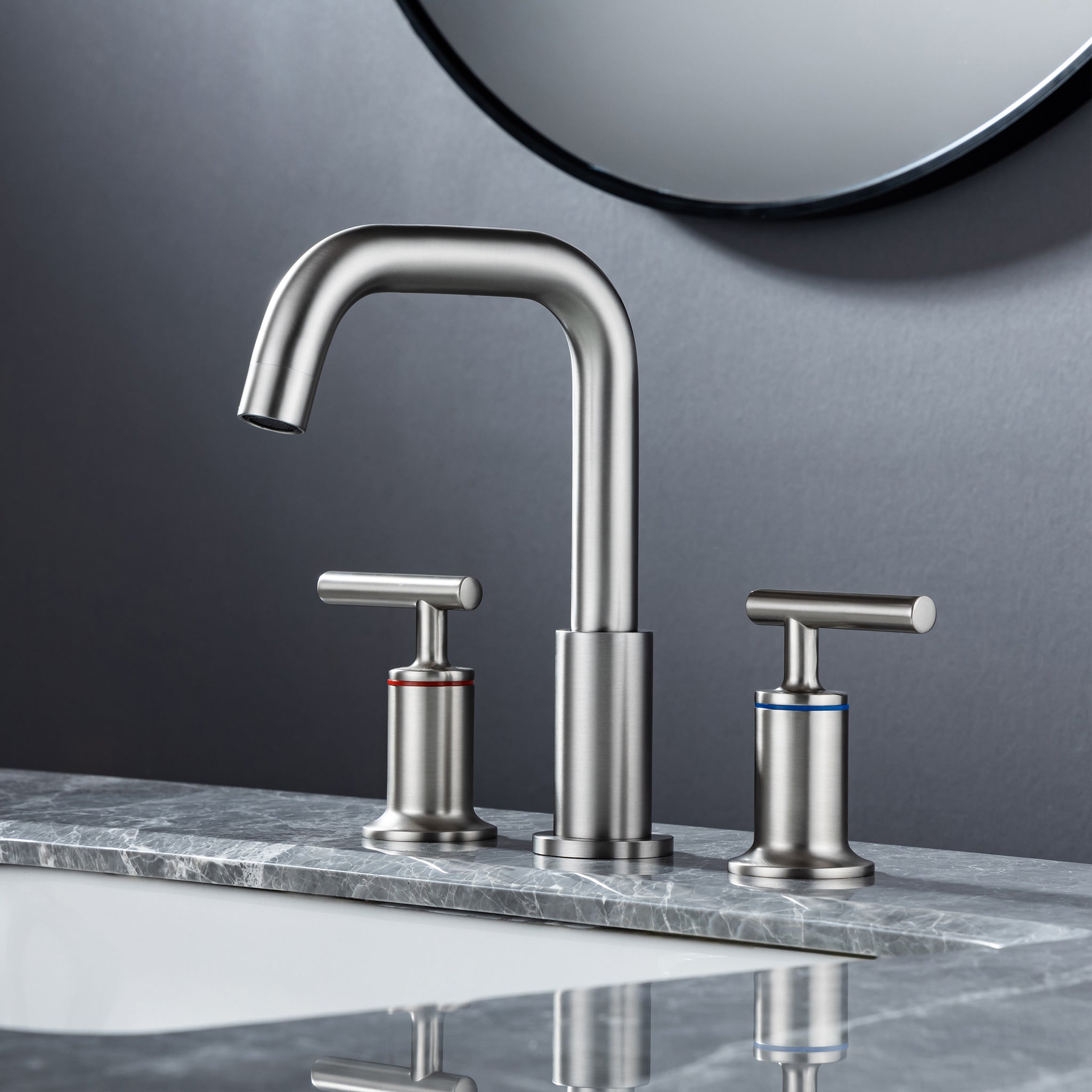 Front view of Rainlex 2-handle bathroom faucet in brushed nickel