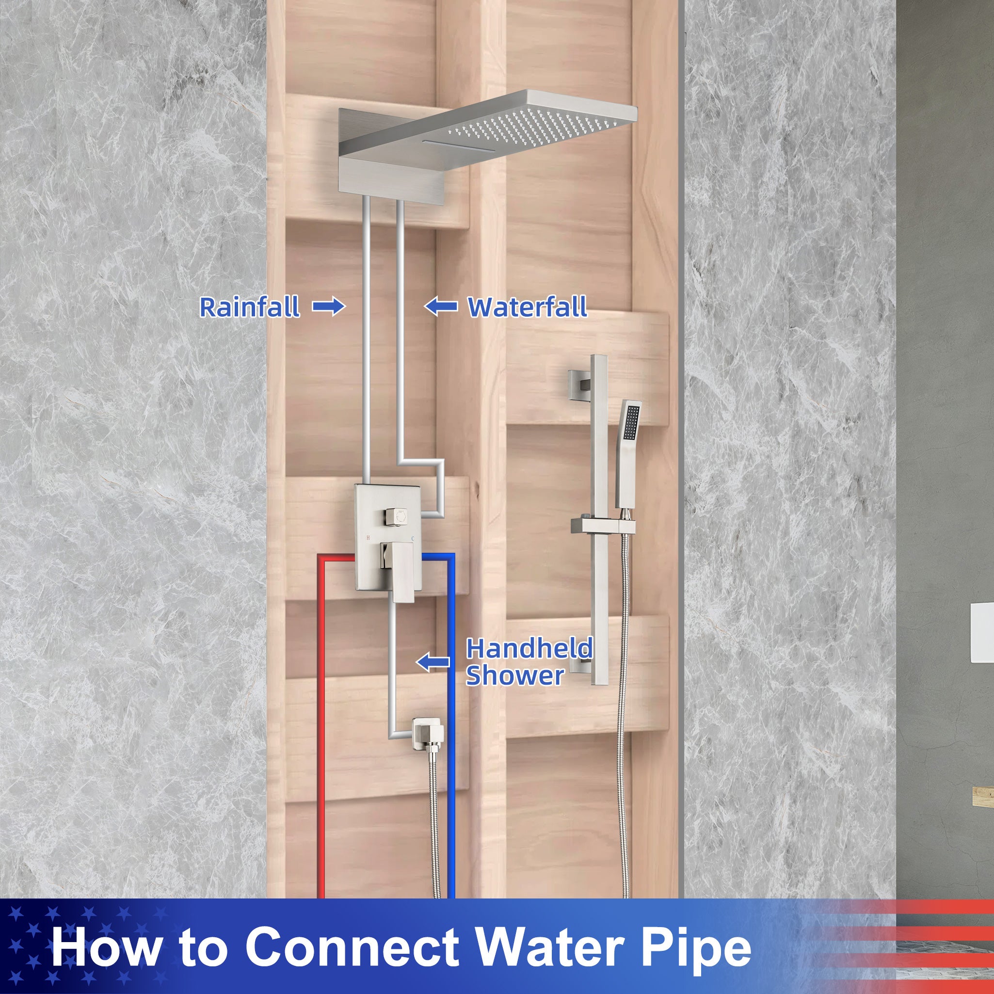 21.5" Rectangle 3-Way Wall-Mount Shower System with Rough-in Valve