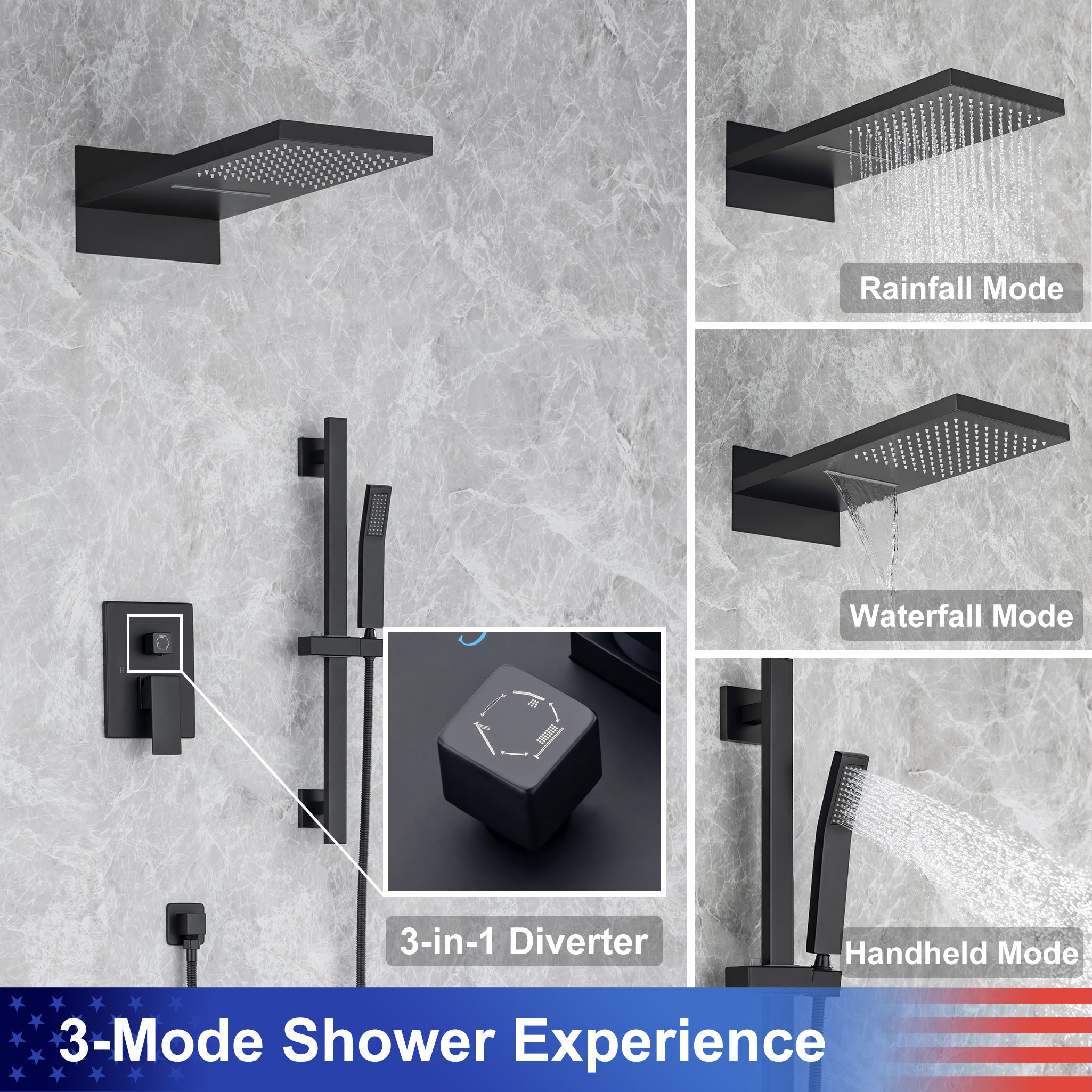 21.5" Rectangle 3-Way Wall-Mount Shower System with Rough-in Valve