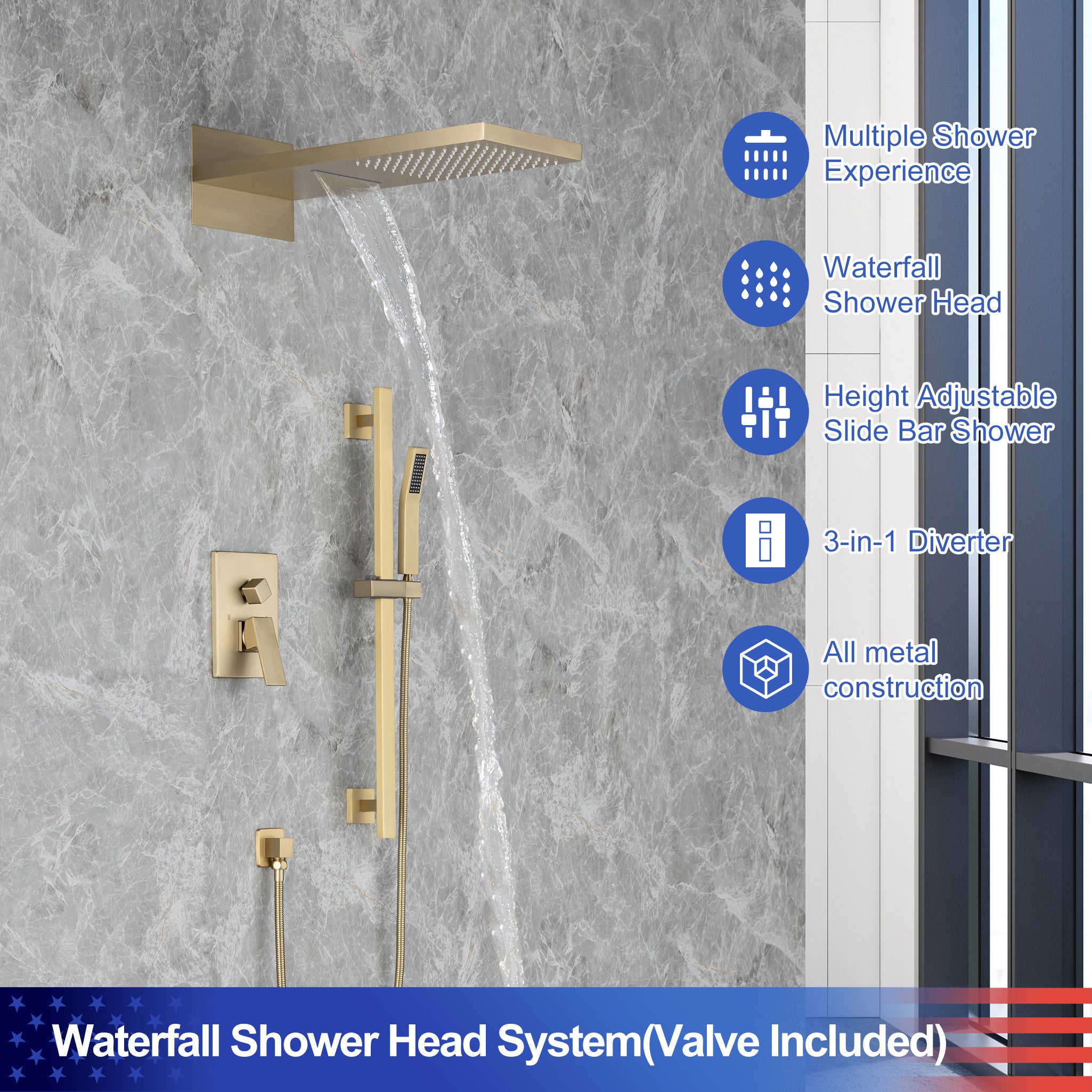 21.5" Rectangle 3-Way Wall-Mount Shower System with Rough-in Valve