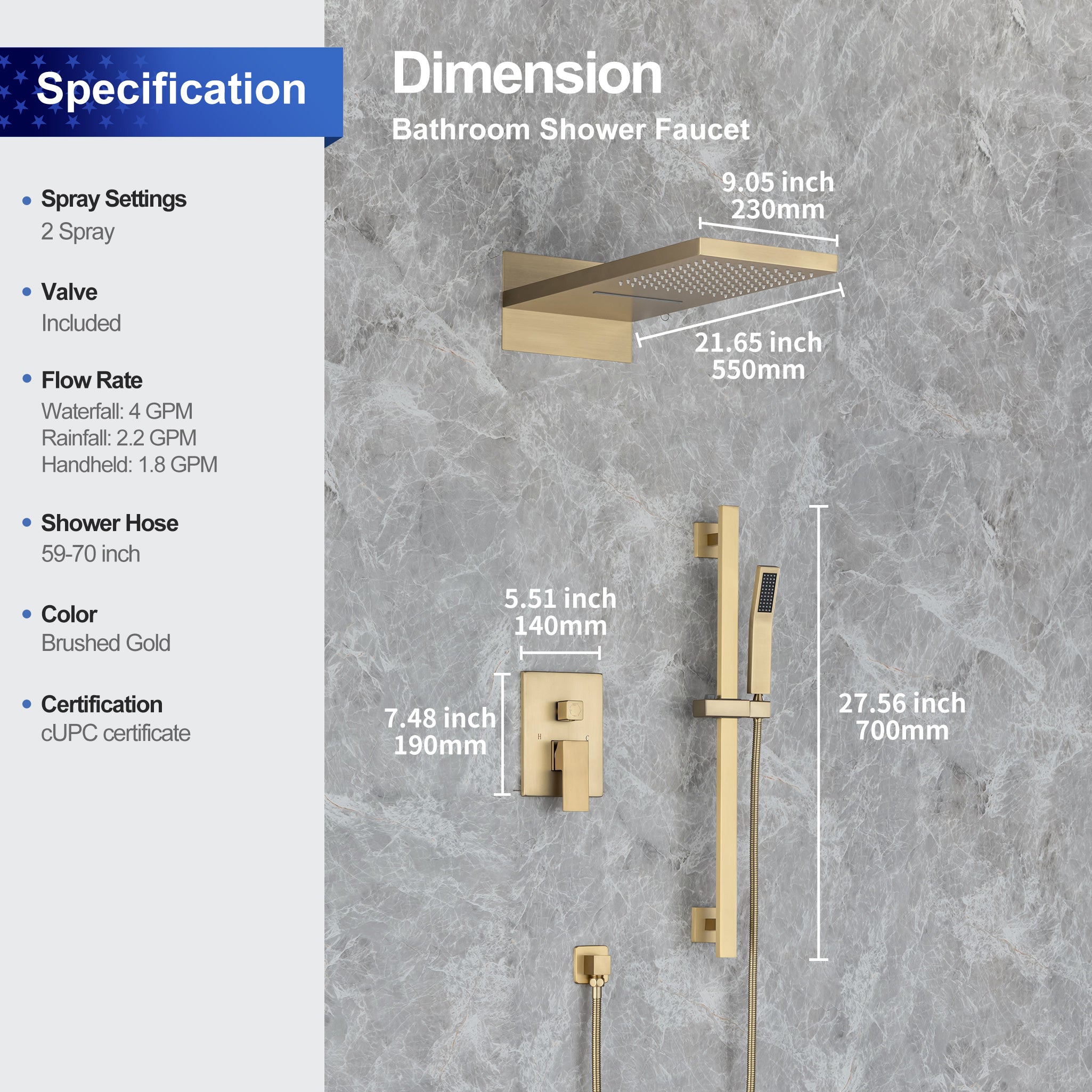21.5" Rectangle 3-Way Wall-Mount Shower System with Rough-in Valve
