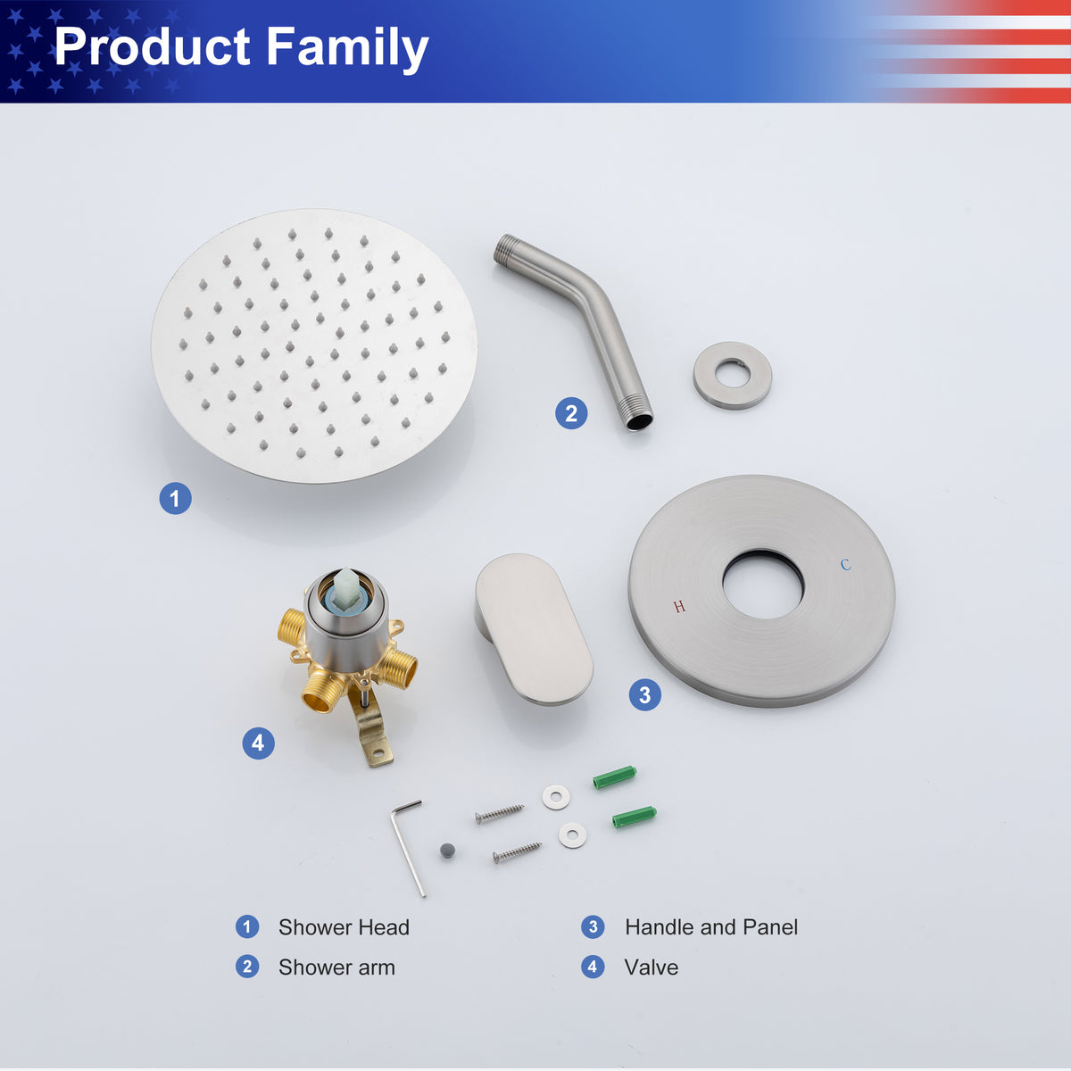 Pommeau de douche carré à 2 voies de 8 po avec robinet de raccordement au mur RX94202