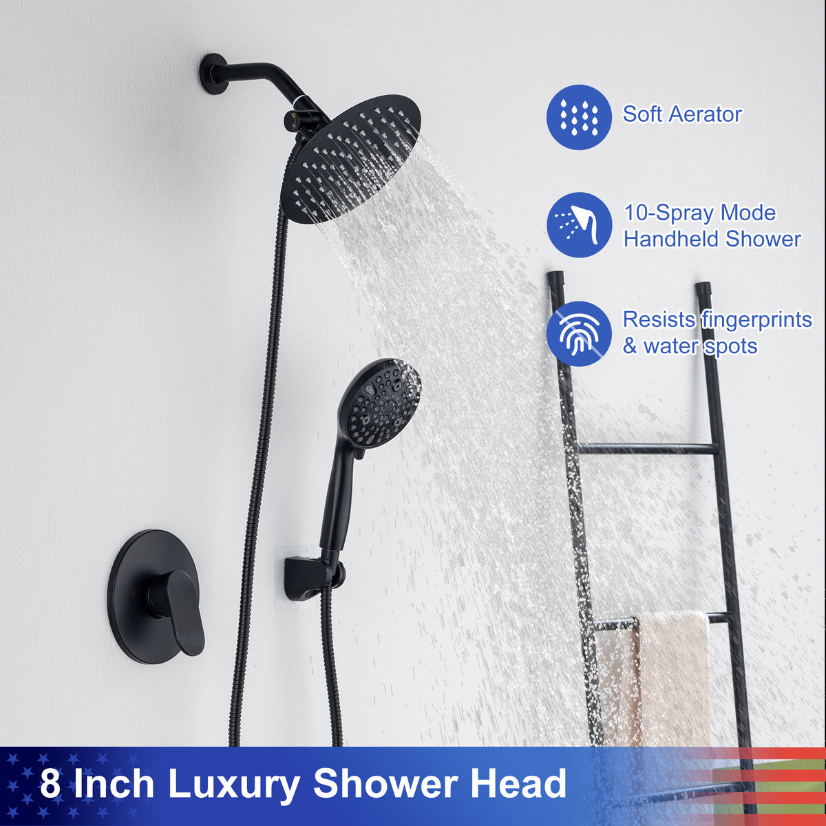 RAINLEX 8" Round 2-Way Wall-Mount Shower System with Pre-Installed Valve