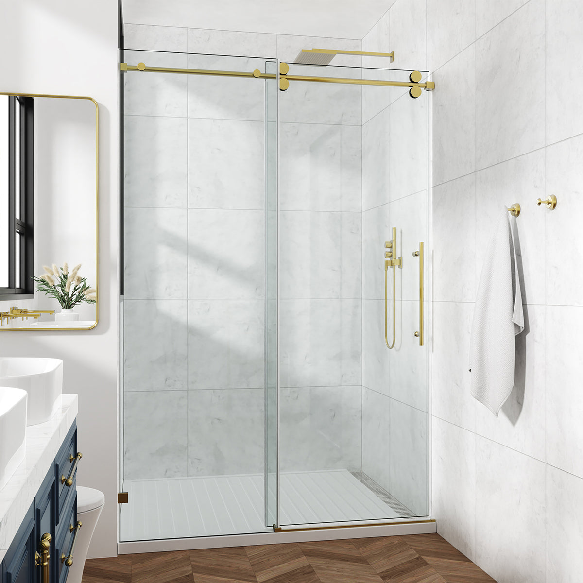 Frameless Sliding Shower Door with 3/8" Tempered Glass and Stainless Steel Frame