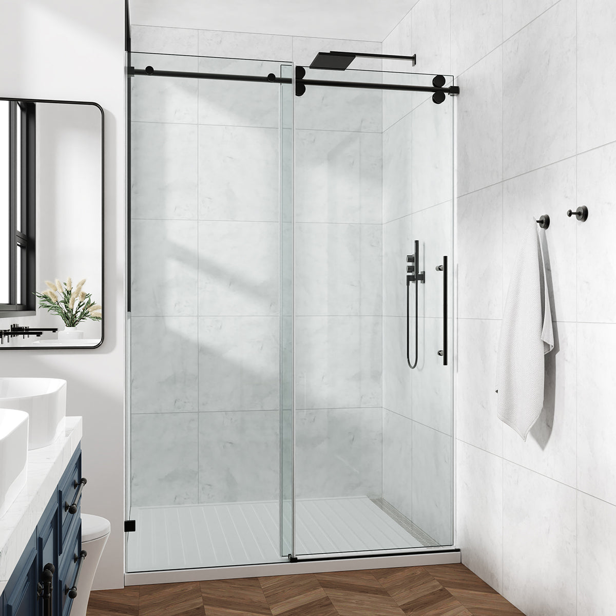 Frameless Sliding Shower Door with 3/8" Tempered Glass and Stainless Steel Frame