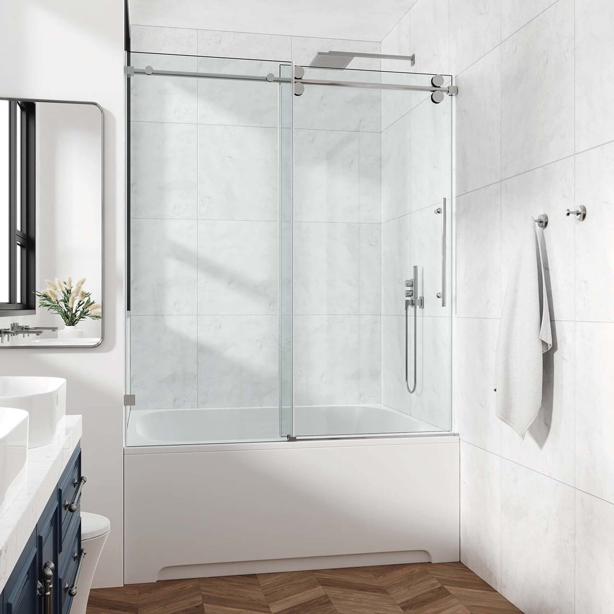 Frameless Sliding Shower Door with 3/8" Tempered Glass and Stainless Steel Frame
