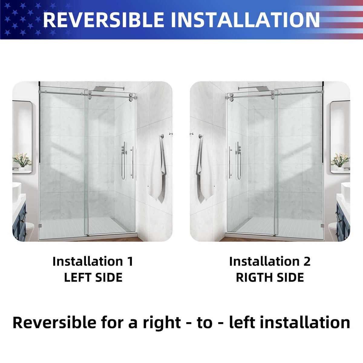 Frameless Sliding Shower Door with 3/8" Tempered Glass and Stainless Steel Frame
