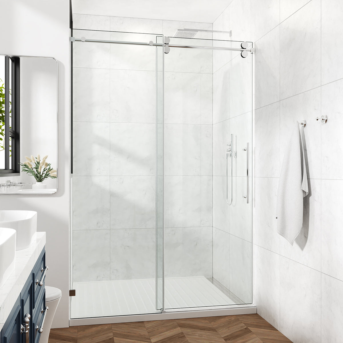Frameless Sliding Shower Door with 3/8" Tempered Glass and Stainless Steel Frame