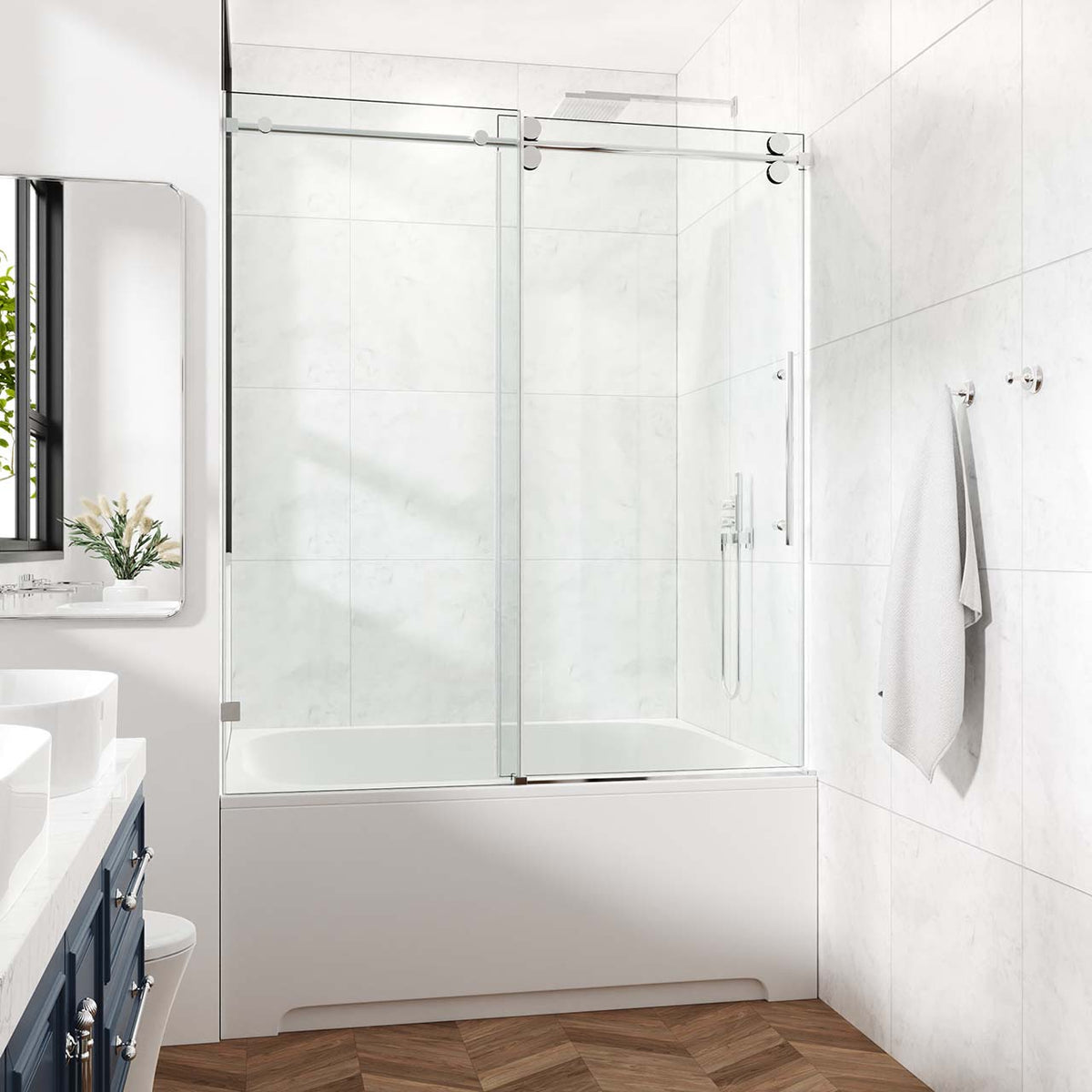 Frameless Sliding Shower Door with 3/8" Tempered Glass and Stainless Steel Frame