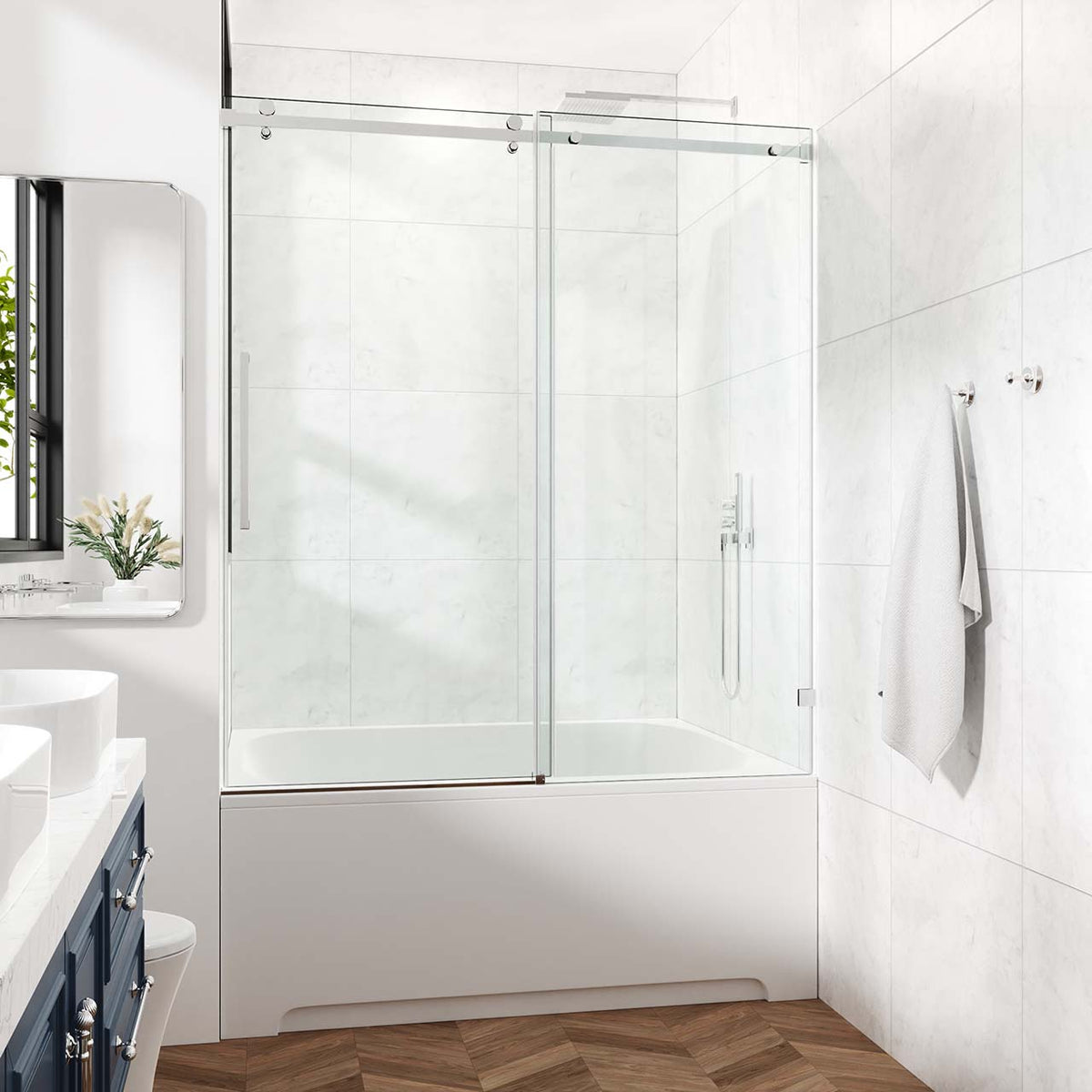 Rainlex Frameless Single-Panel Sliding Shower Door with 3/8" Tempered Glass and Stainless Steel Frame