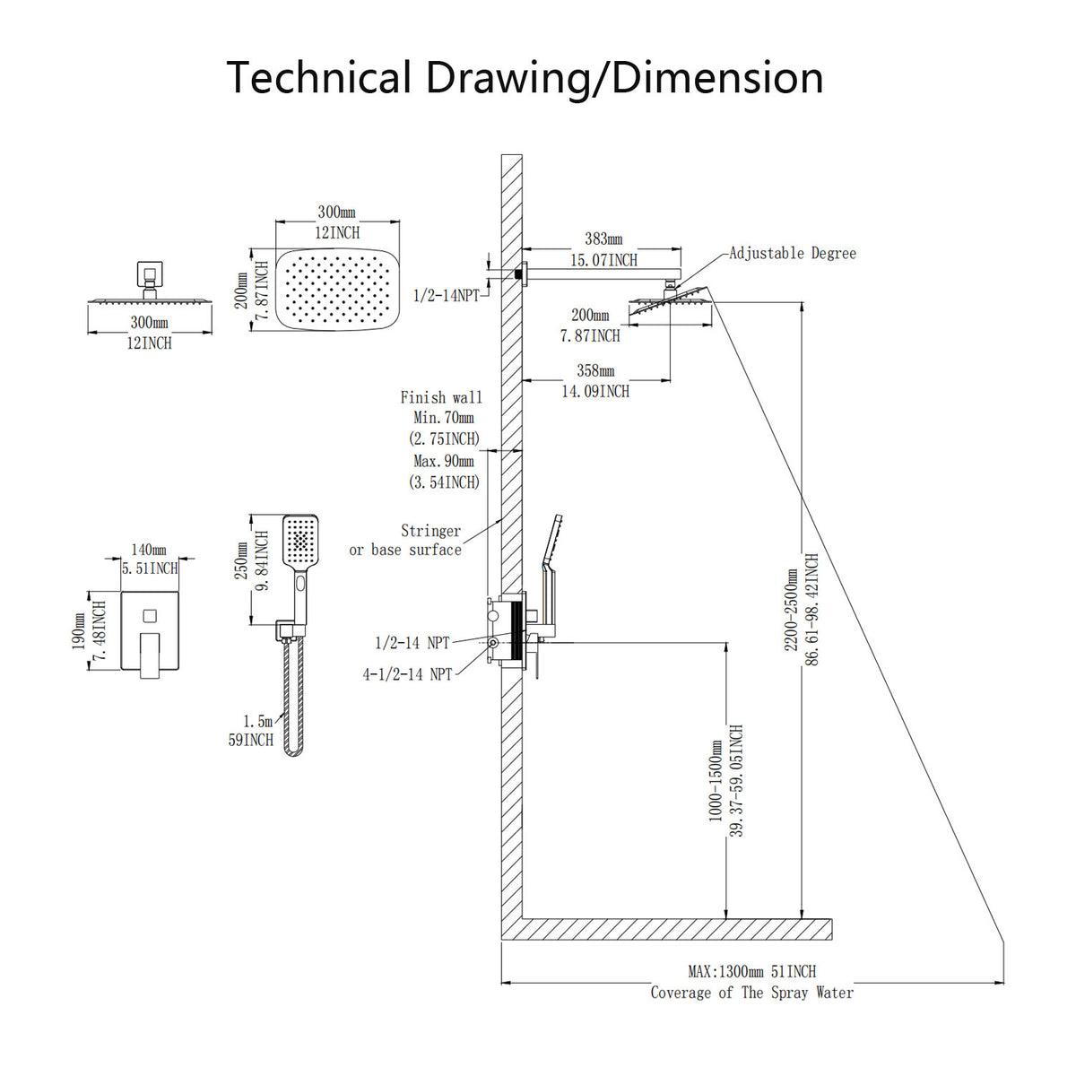 12" Square 2-Way Wall-Mount Shower System with Rough-in Valve (S97202)