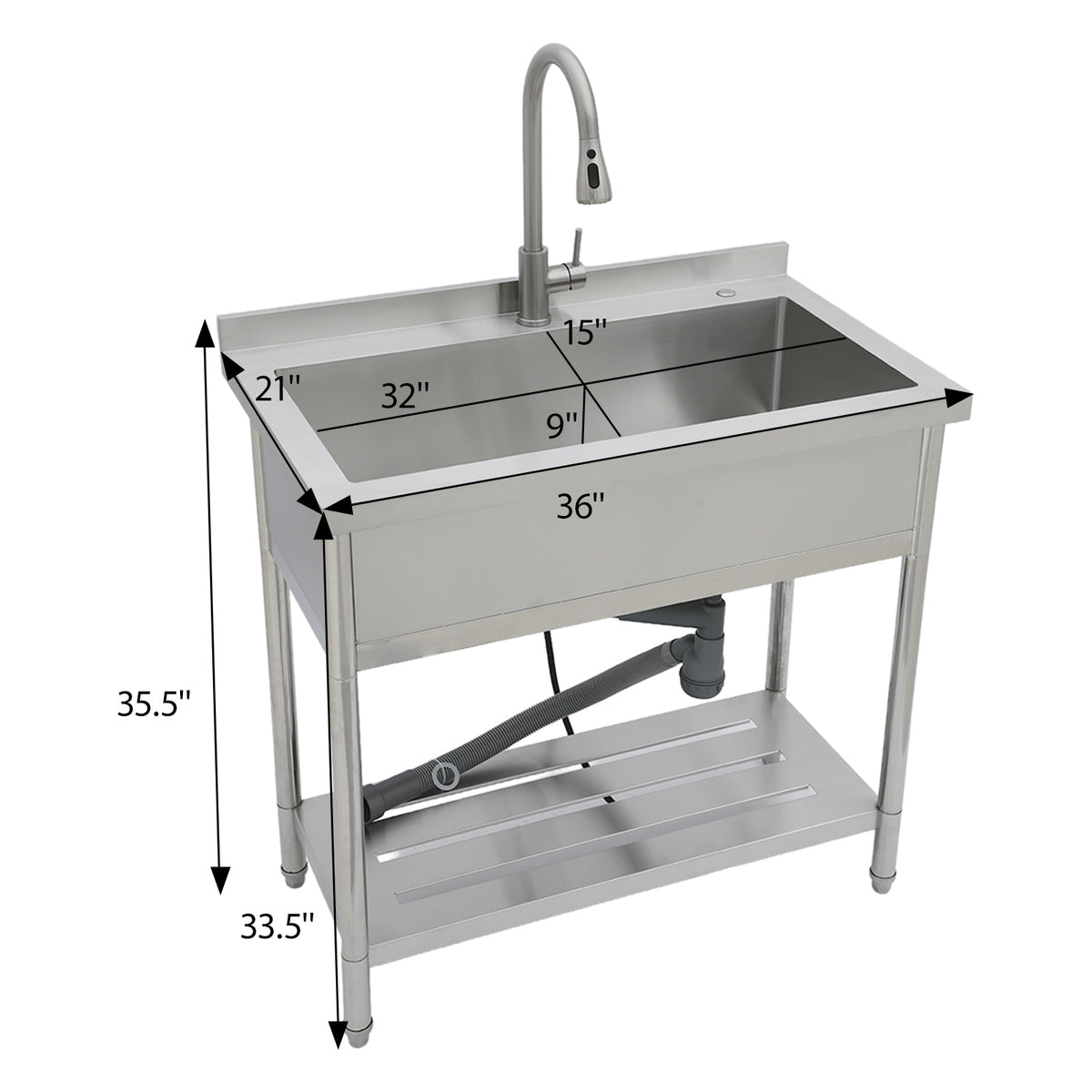 RAINLEX 36" Freestanding Heavy-Duty Utility Sink with 9" Deep Bowl in Stainless Steel