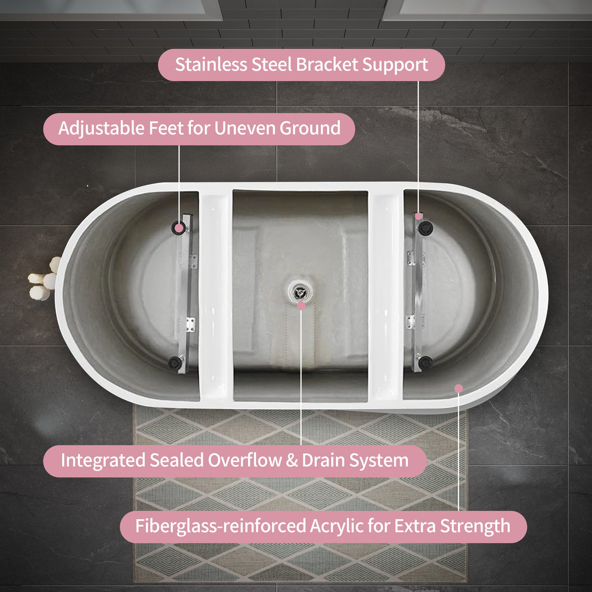 60" Acrylic Freestanding Bathtub, Oval Deep Soaking Contemporary Stand Alone Bath Tub with Pop-up Drain & Integrated Overflow, Brushed Nickel-Finish Drain Cover