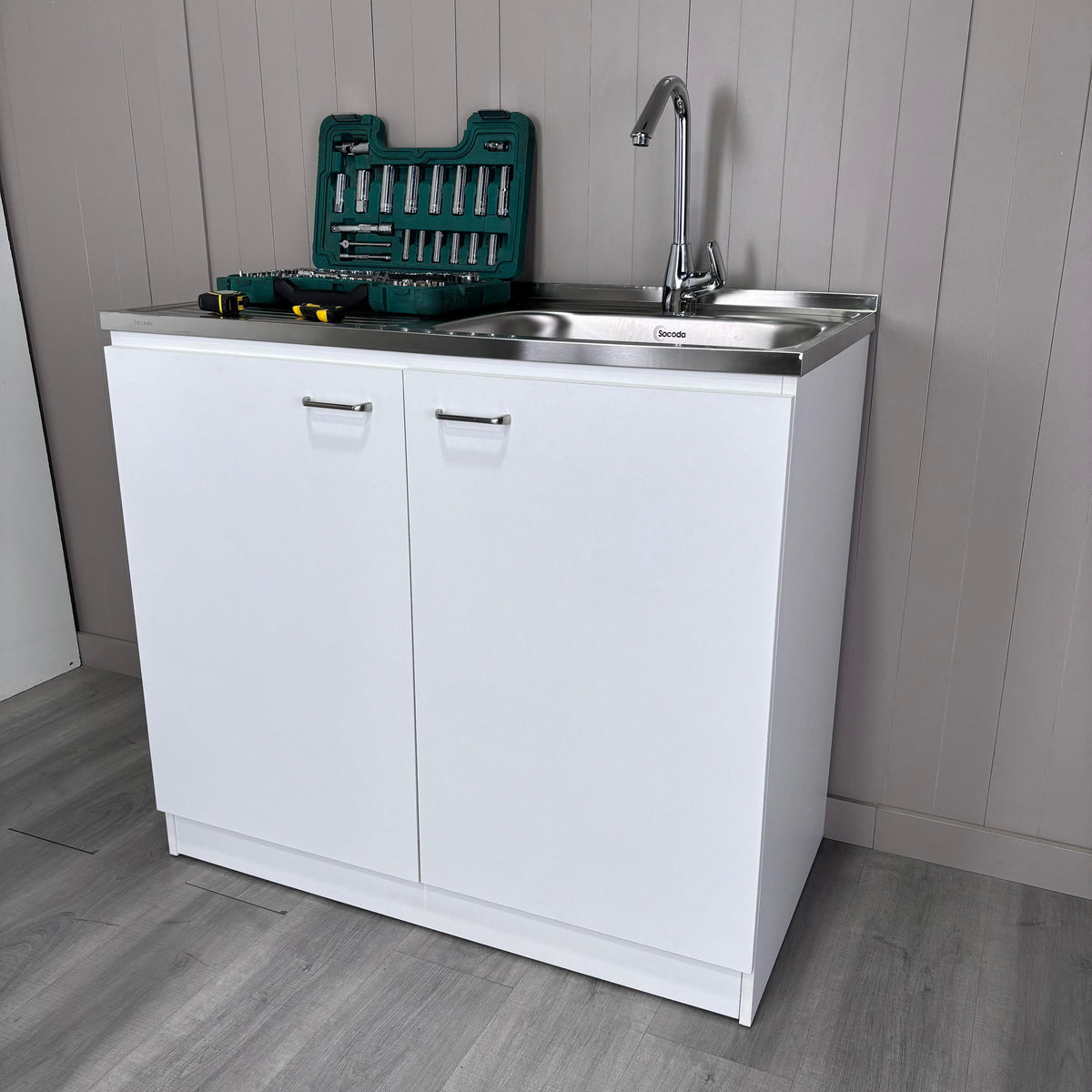 RAINLEX Napoles 39" Utility Sink Cabinet with Stainless Steel Basin in White