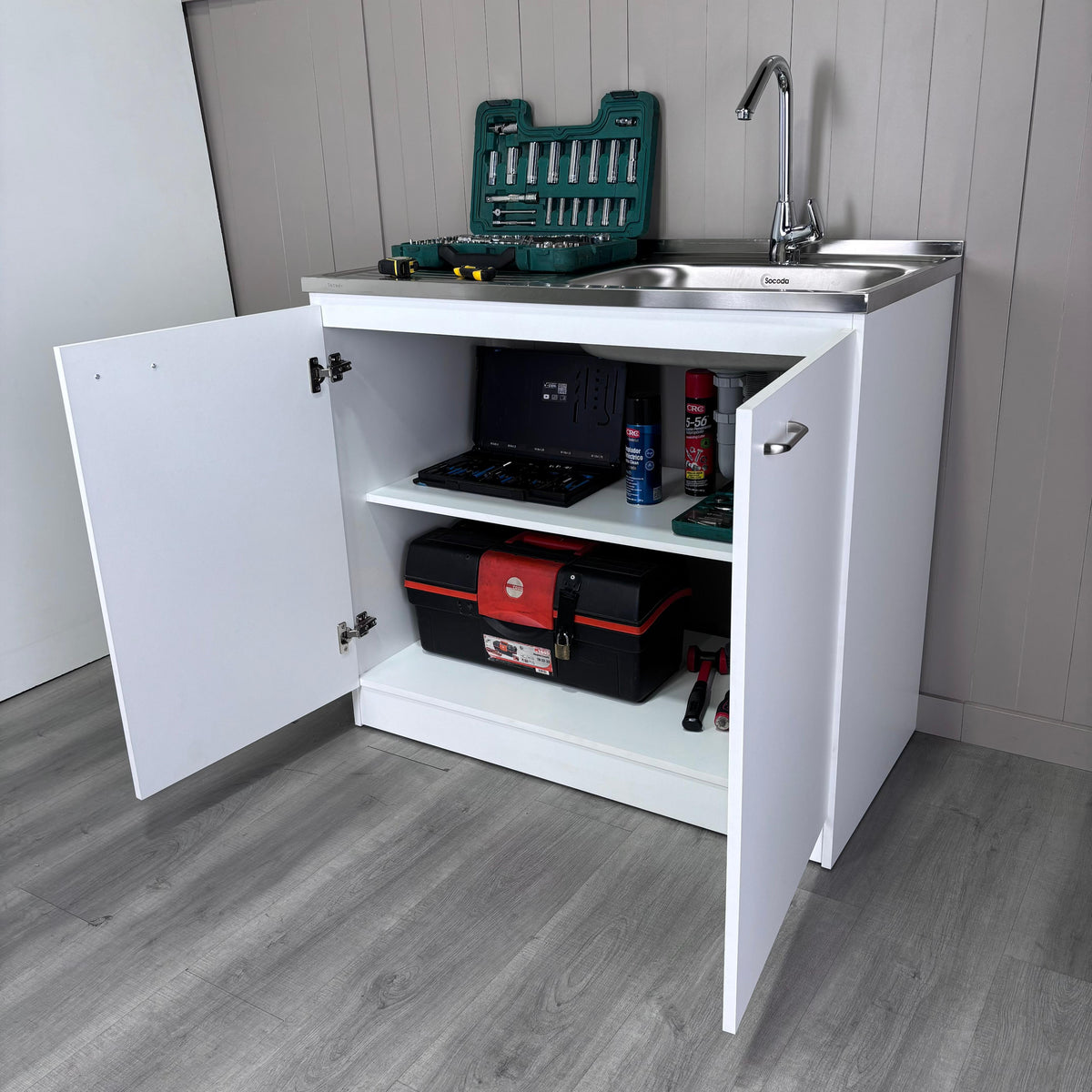 RAINLEX Napoles 39" Utility Sink Cabinet with Stainless Steel Basin in White