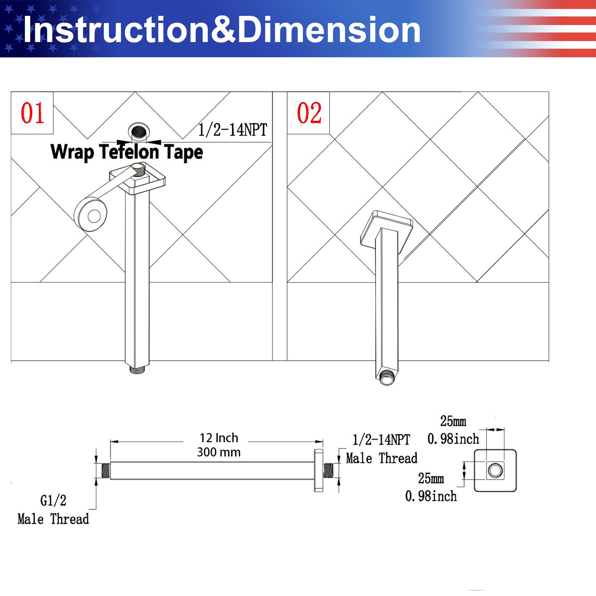 12" Square Ceiling-Mount Shower Arm with Flange