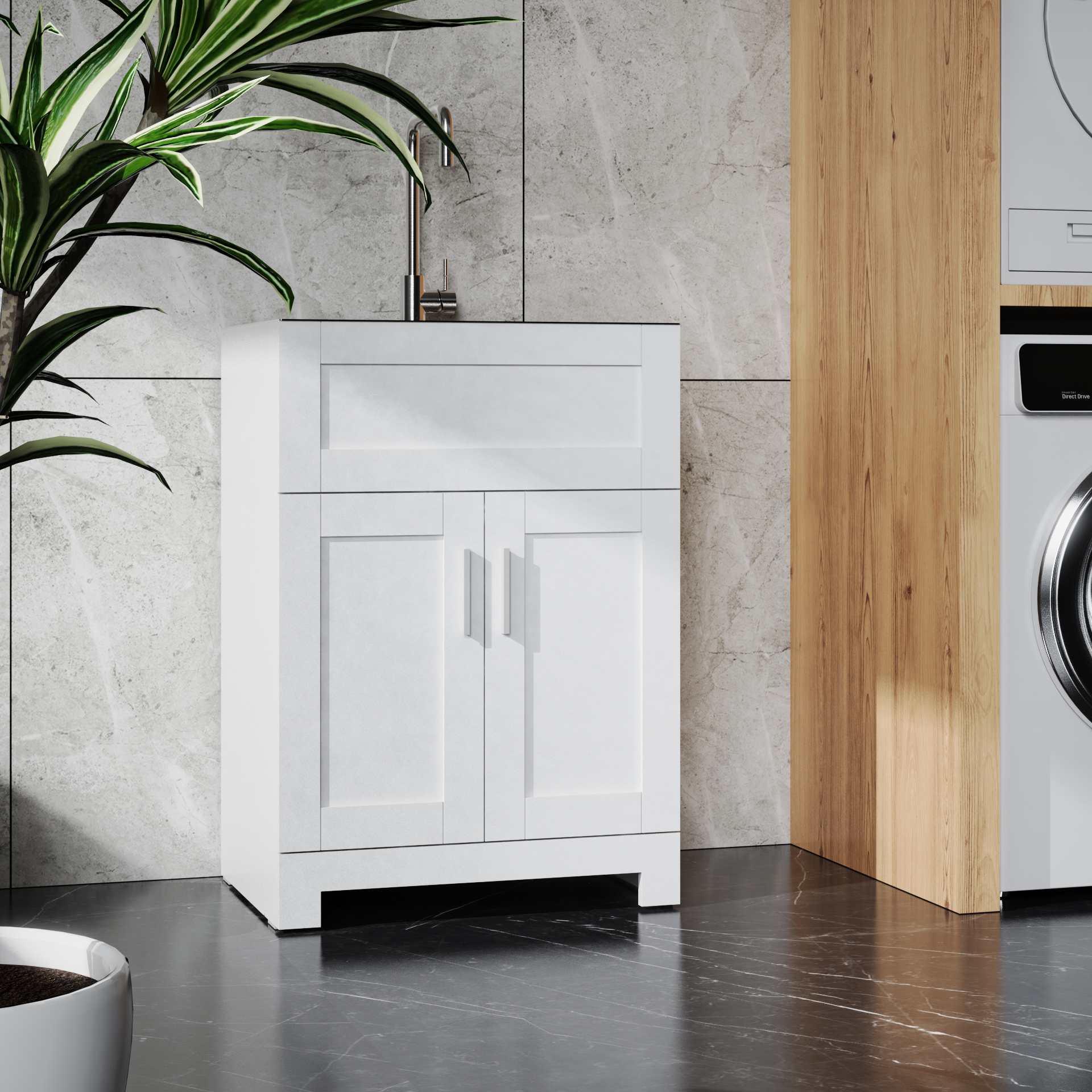 Rainlex 24 in. White Paint-Free Laundry Utility Sink Cabinet with 12-Gauge Brushed Stainless Steel Sink, Tall Faucet & Soft-Close Doors