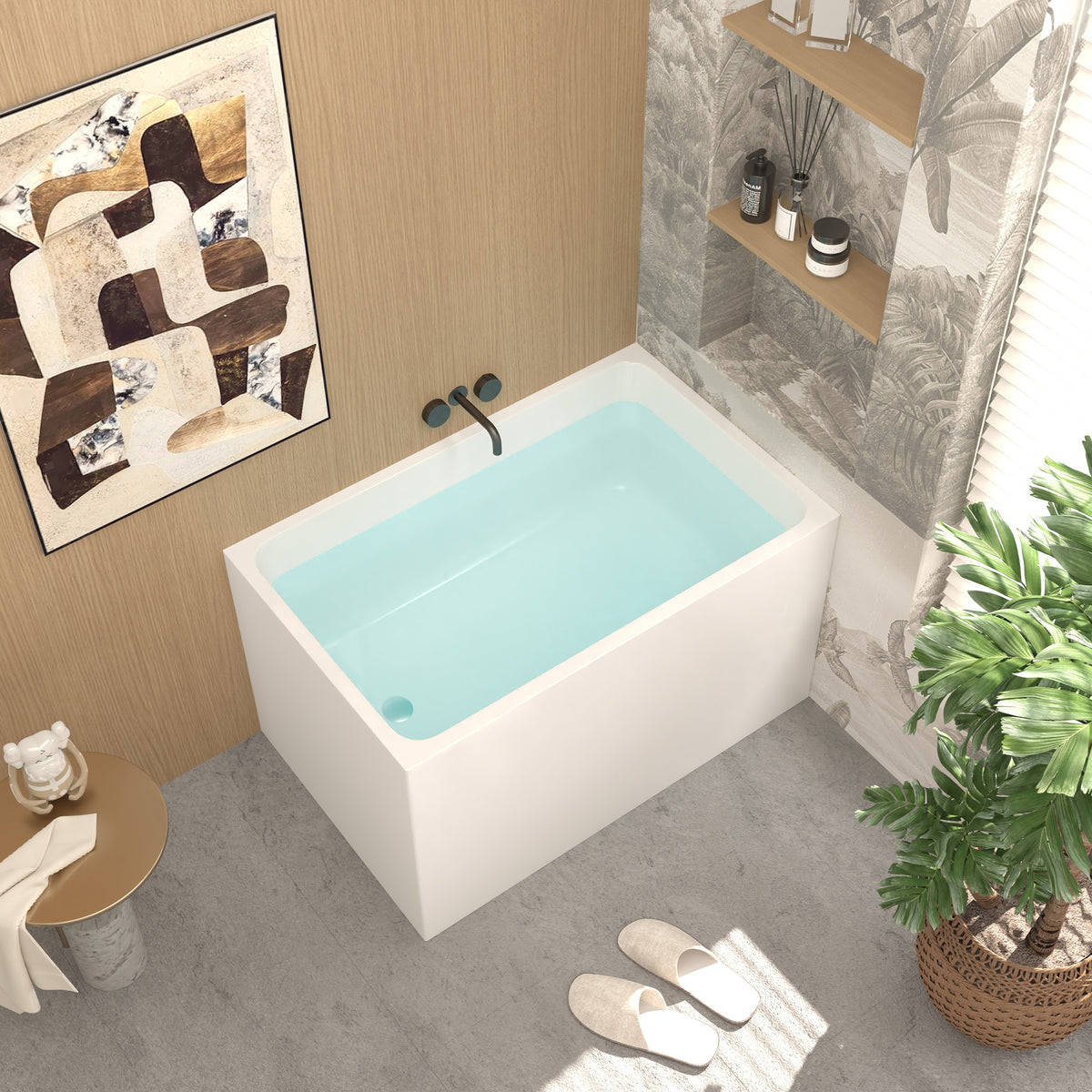43" Acrylic Freestanding Bathtub ,Spacious rectangle Shape, Gloss White Finish, Chrome Overflow & Pop-Up Drain