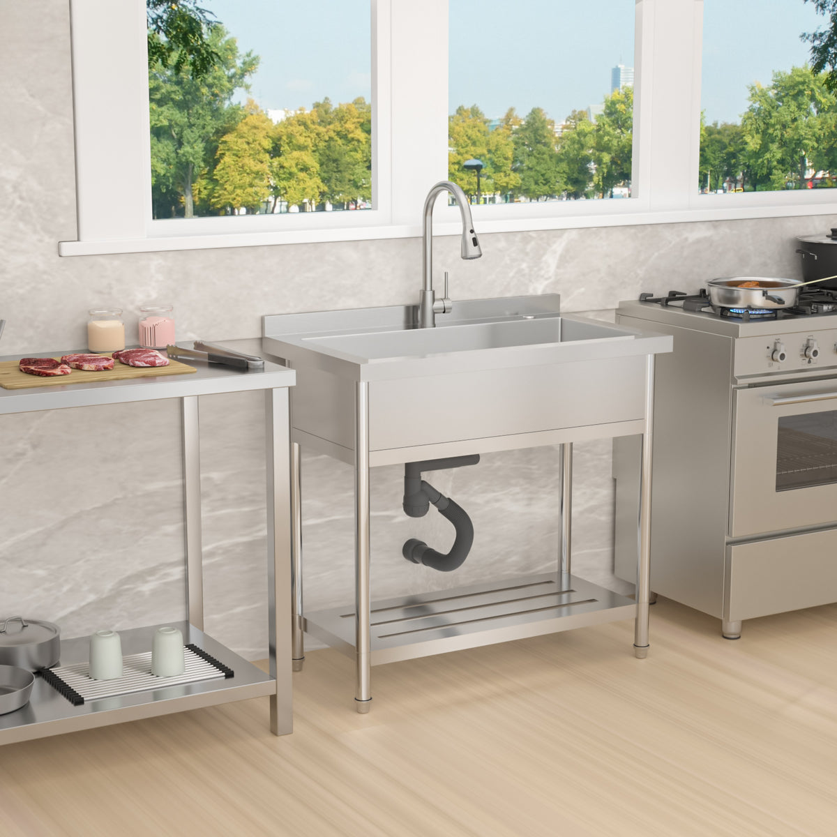 RAINLEX 36" Freestanding Heavy-Duty Utility Sink with 9" Deep Bowl in Stainless Steel