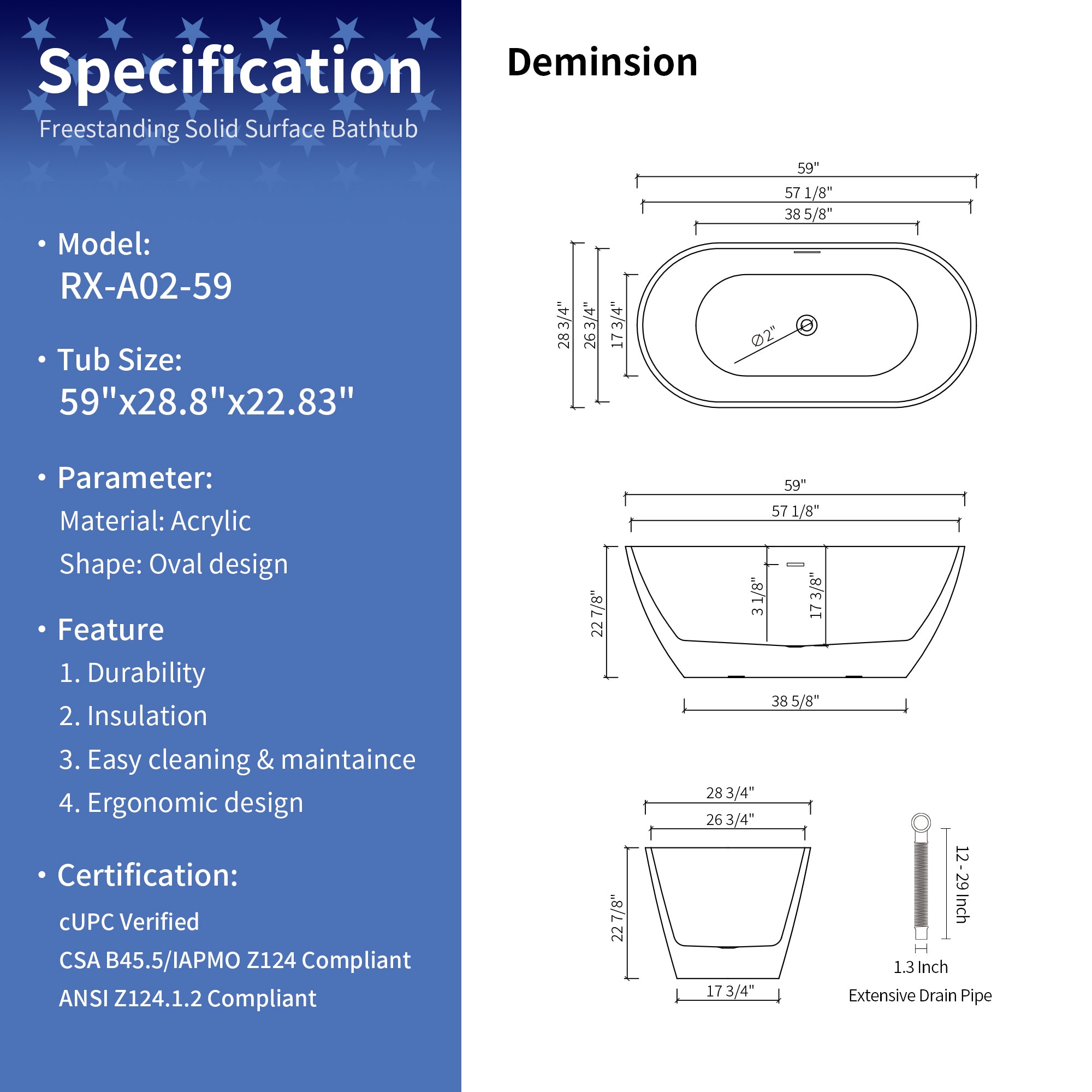 59" Oval Acrylic Freestanding Soaking Bathtub (A02)