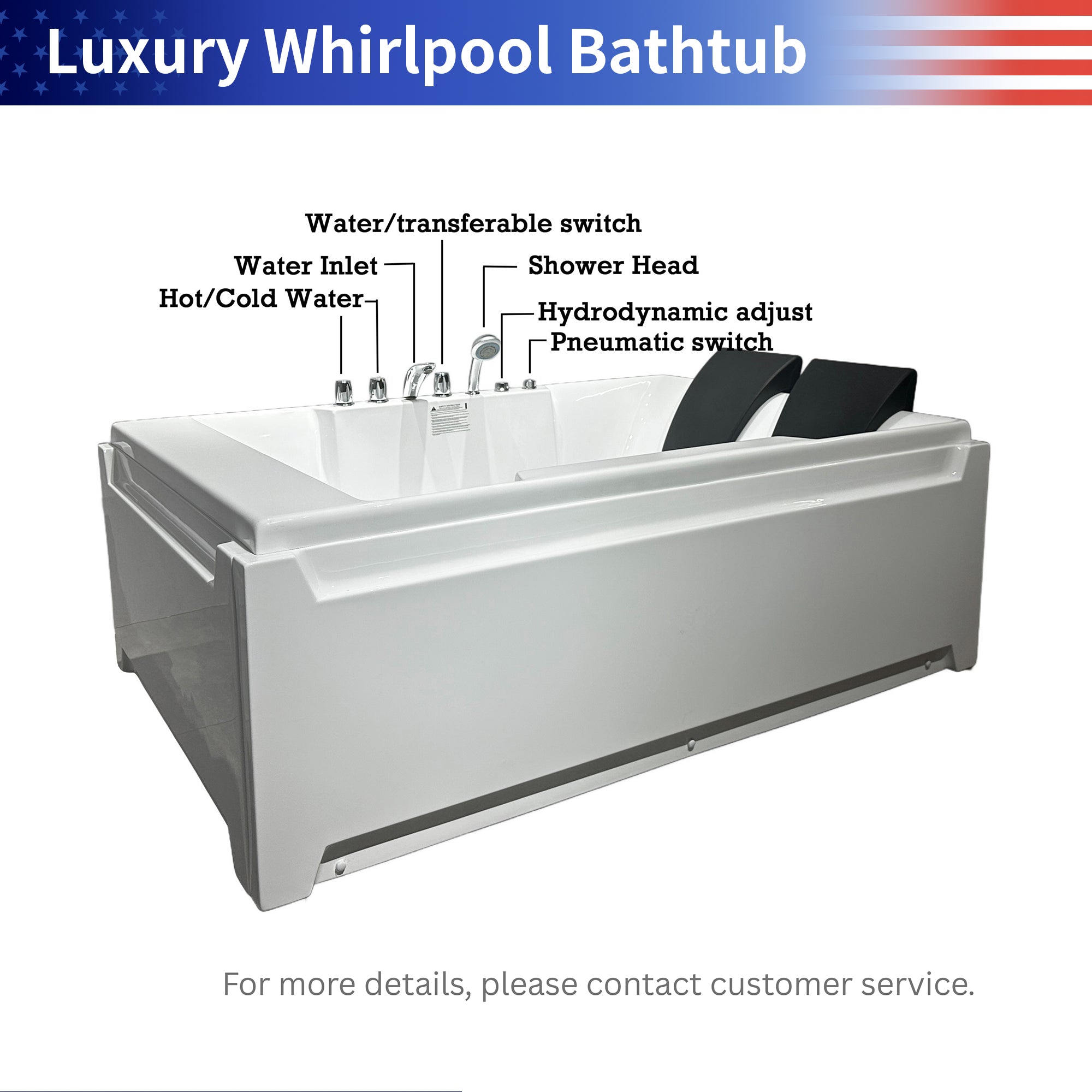 Whirlpool Bathtub, 72“ x 48” Double Jet Massage Tub with Hydrotherapy and Light Therapy Features, ETL Certified, Three-Sided Apron Design, Acrylic Construction, 110 Gallon Capacity, Left-Side Drain RX-A06-73