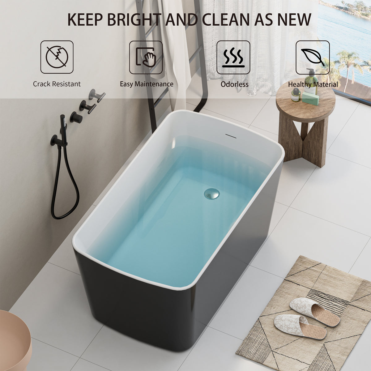 RAINLEX 49 in. Square Acrylic Japanese Soaking Bathtub in Black