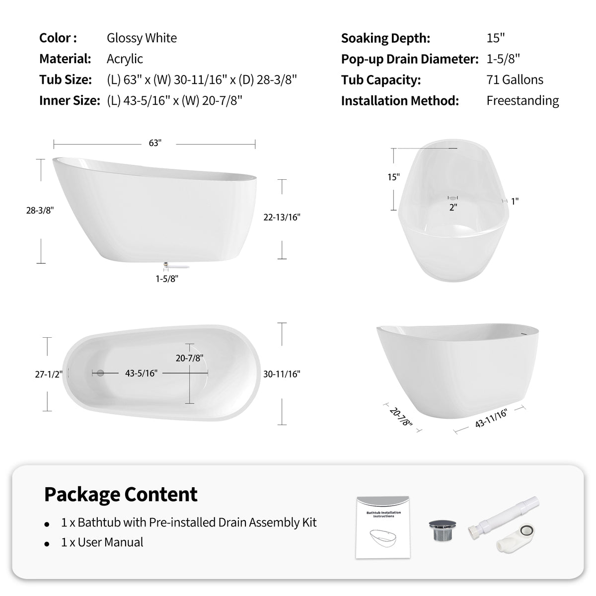 RAINLEX 63 in. Freestanding Acrylic Soaking Bathtub