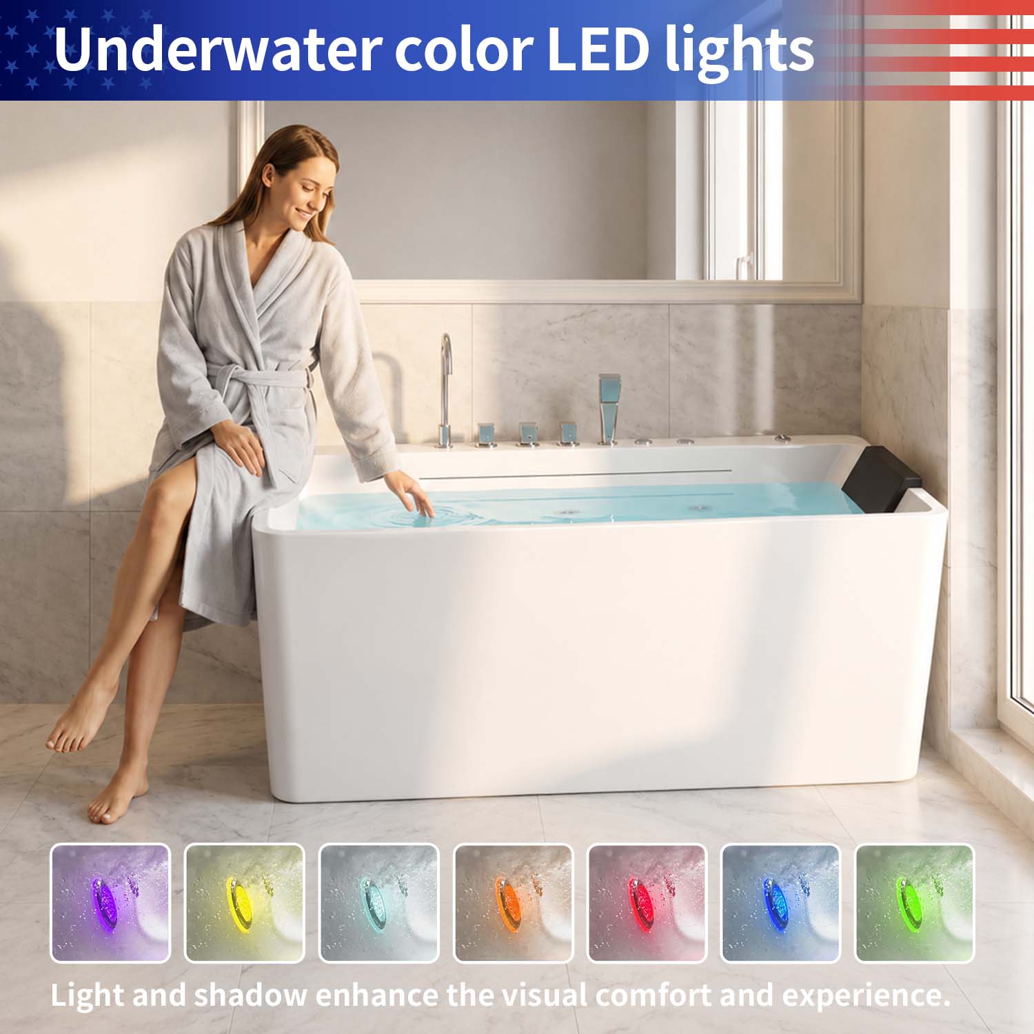 67" Acrylic Freestanding Whirlpool Bathtub with LED Chromotherapy