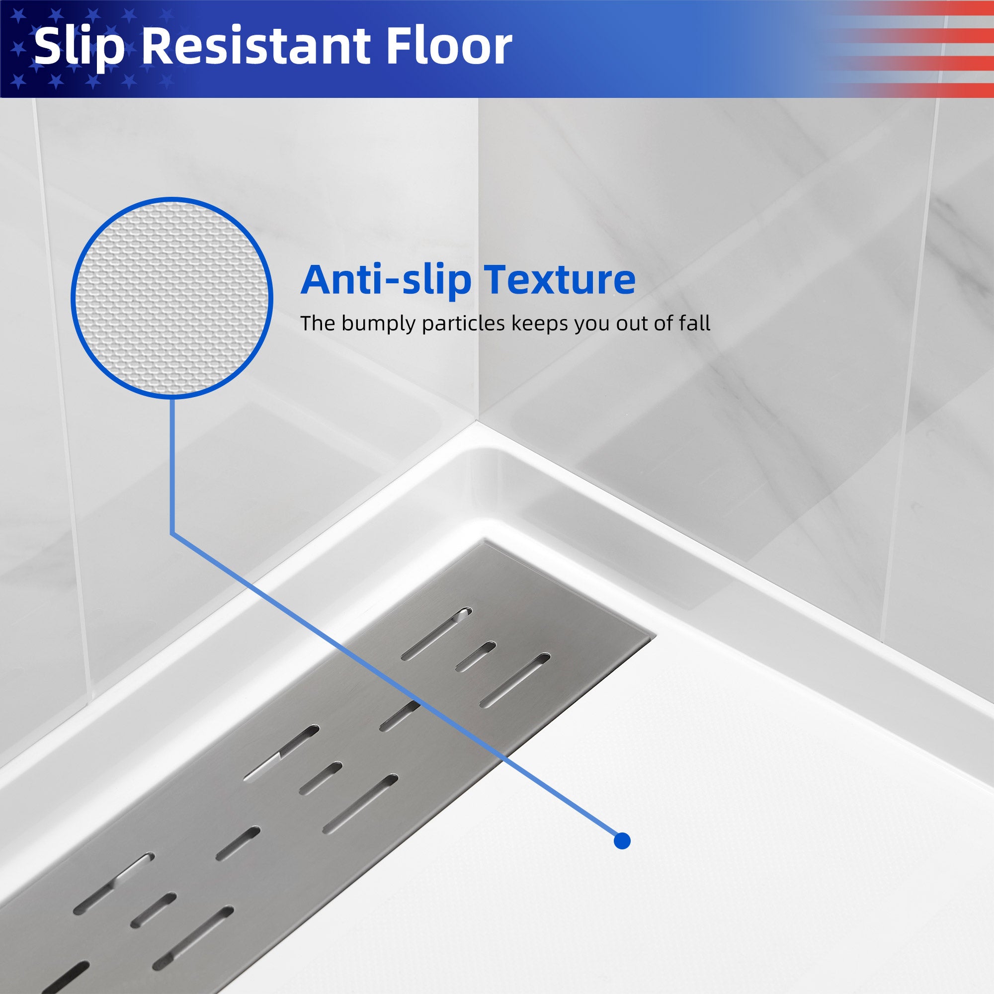 Single-Threshold Shower Pan with Drain, Anti-Slip
