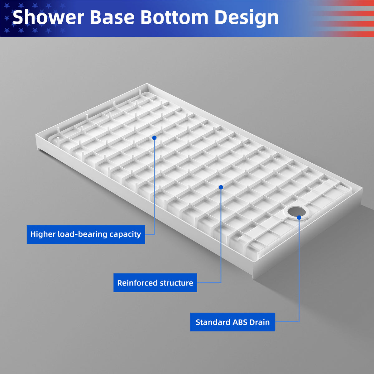 Single-Threshold Shower Pan with Drain, Anti-Slip