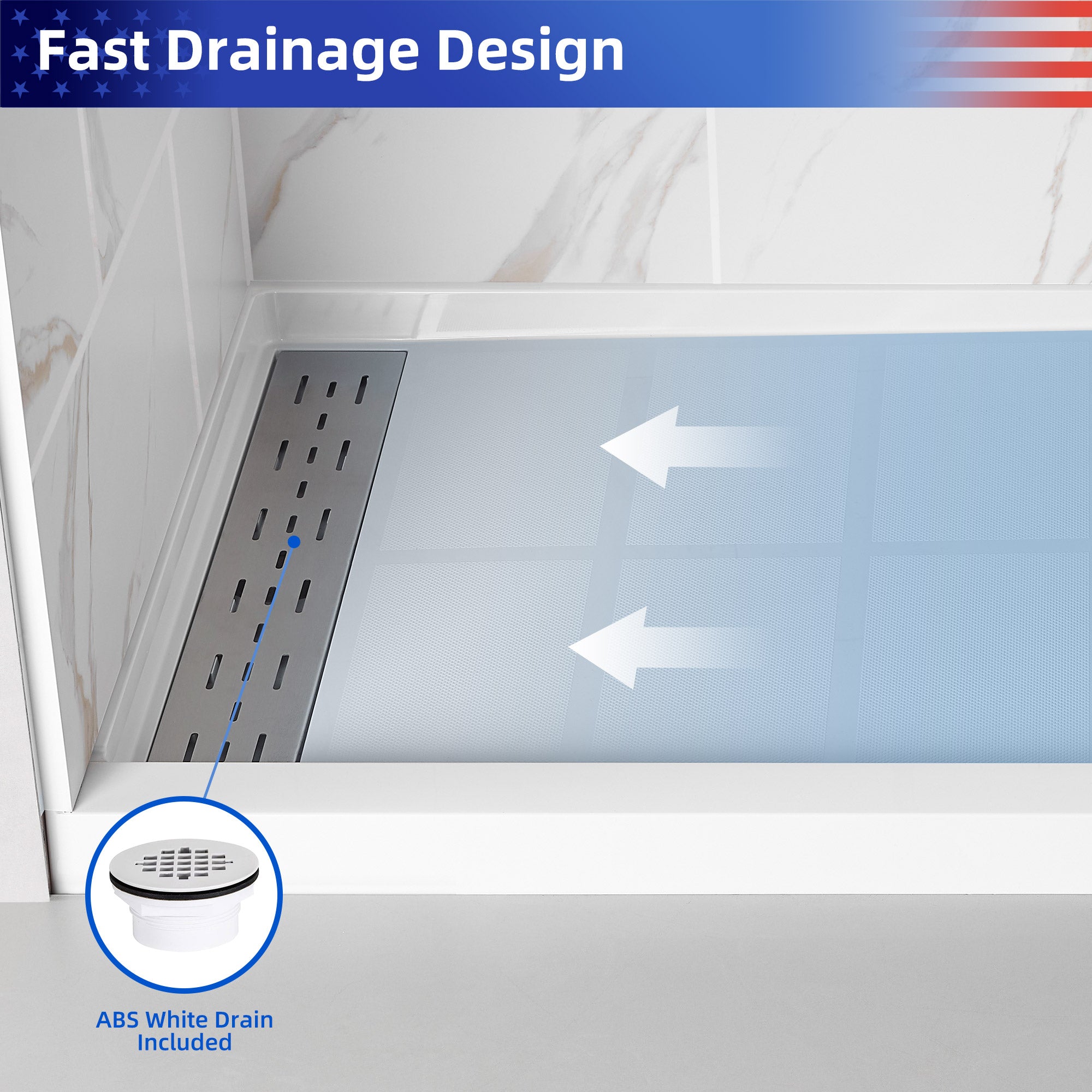 Single-Threshold Shower Pan with Drain, Anti-Slip