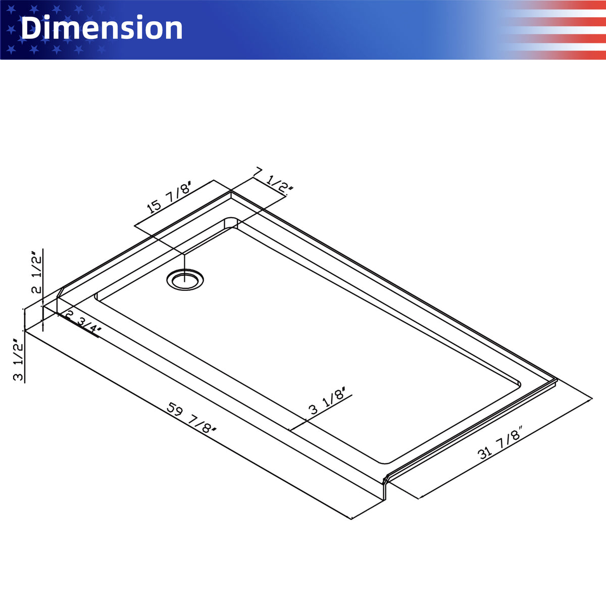 RAINLEX 60" x 32" Single-Threshold Shower Pan with Drain in White