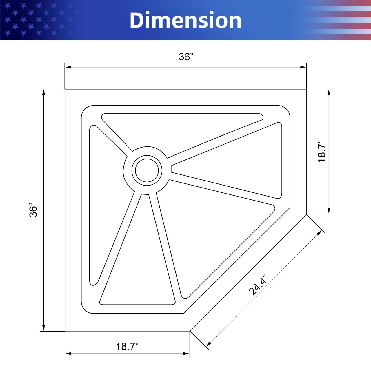 Rainlex 36" x 36" Neo-Angle Corner Shower Base, Anti-Slip White ABS
